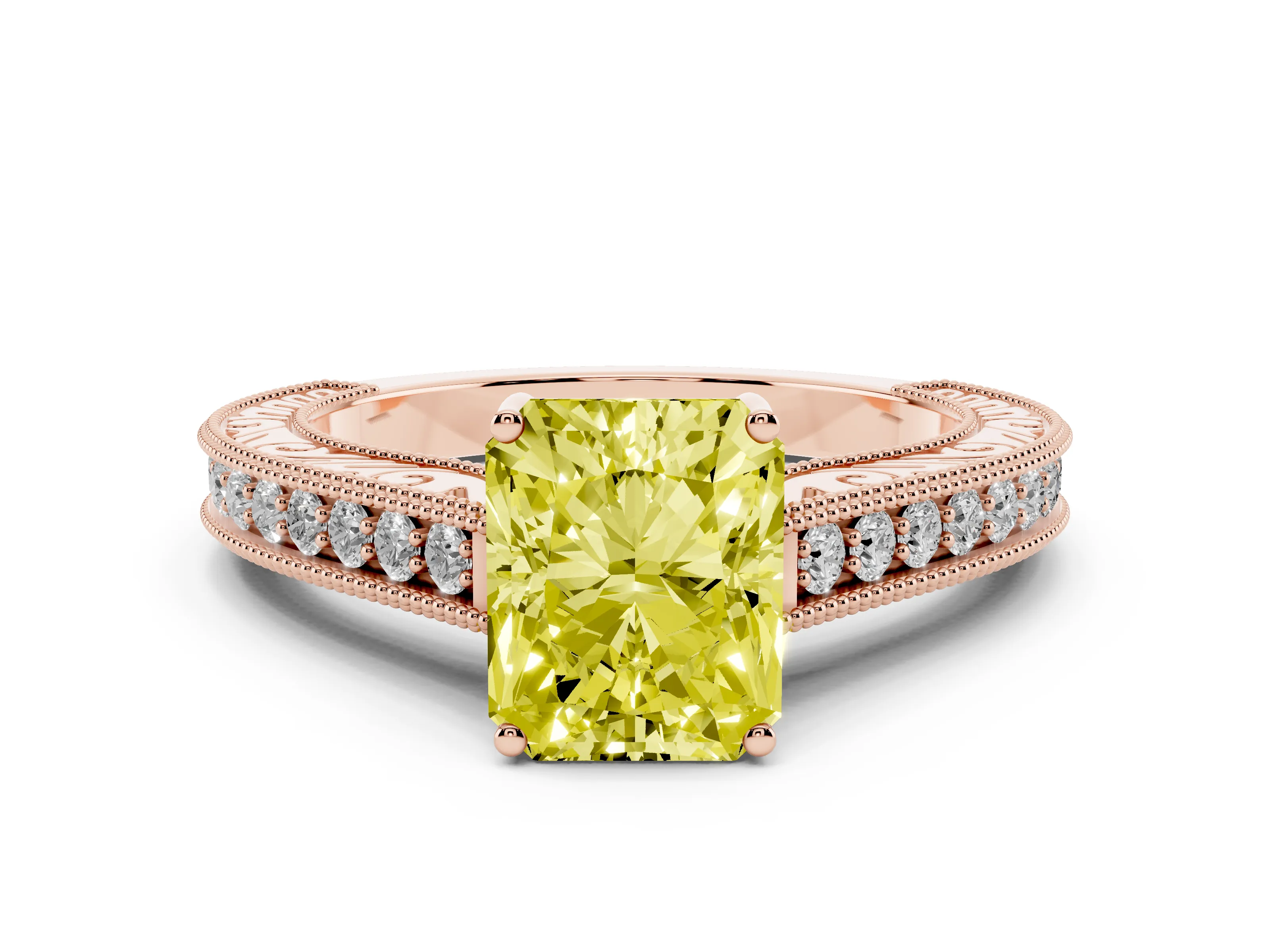 Fancy Yellow Radiant Cut Diamond Milgrain Pavé Band Solitaire Ring Set in Rose gold with Prong Setting