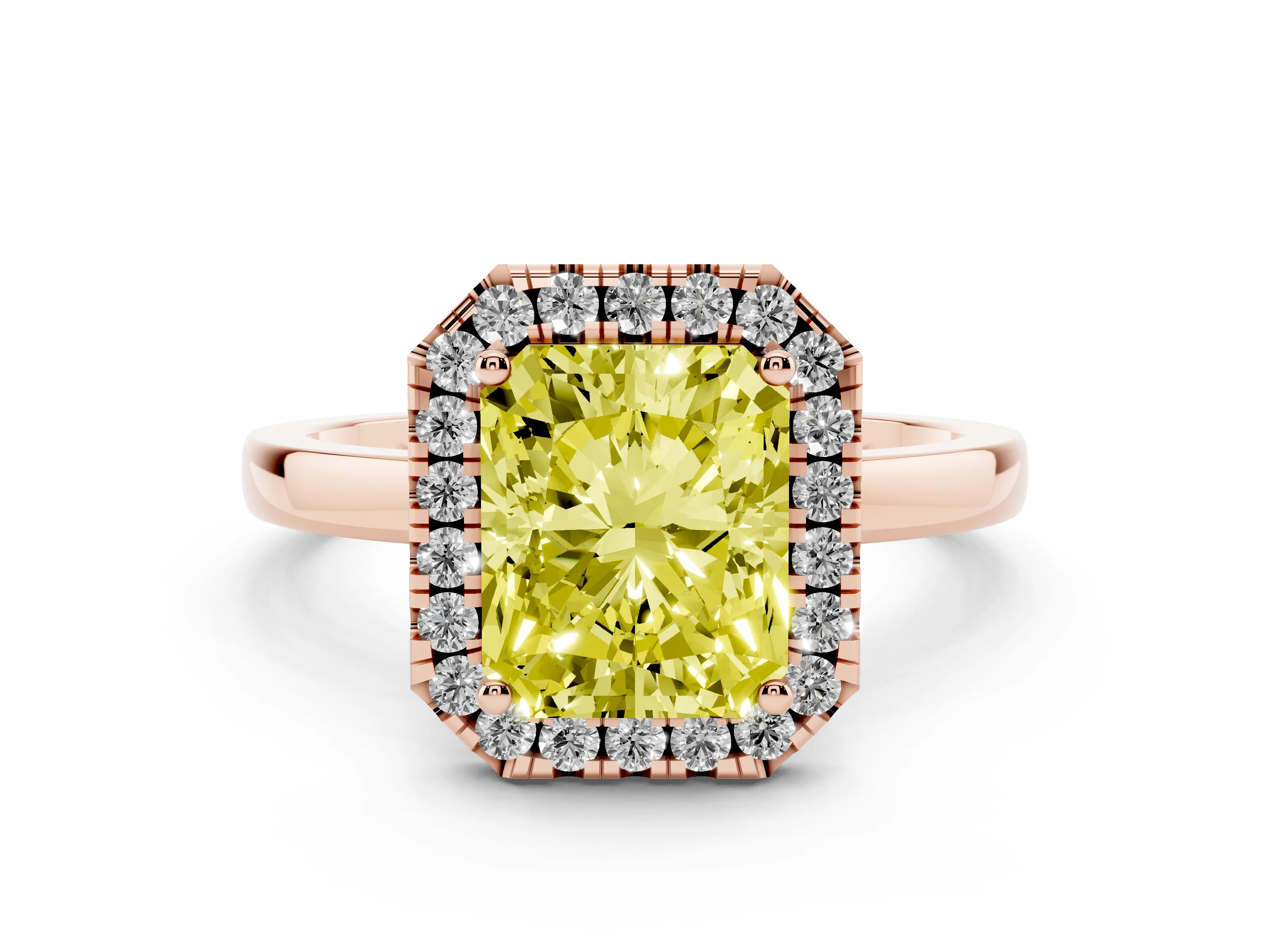 Fancy Yellow Radiant Cut Diamond Halo Solitaire Ring Set in Rose gold with Pavé Band and Prong Setting