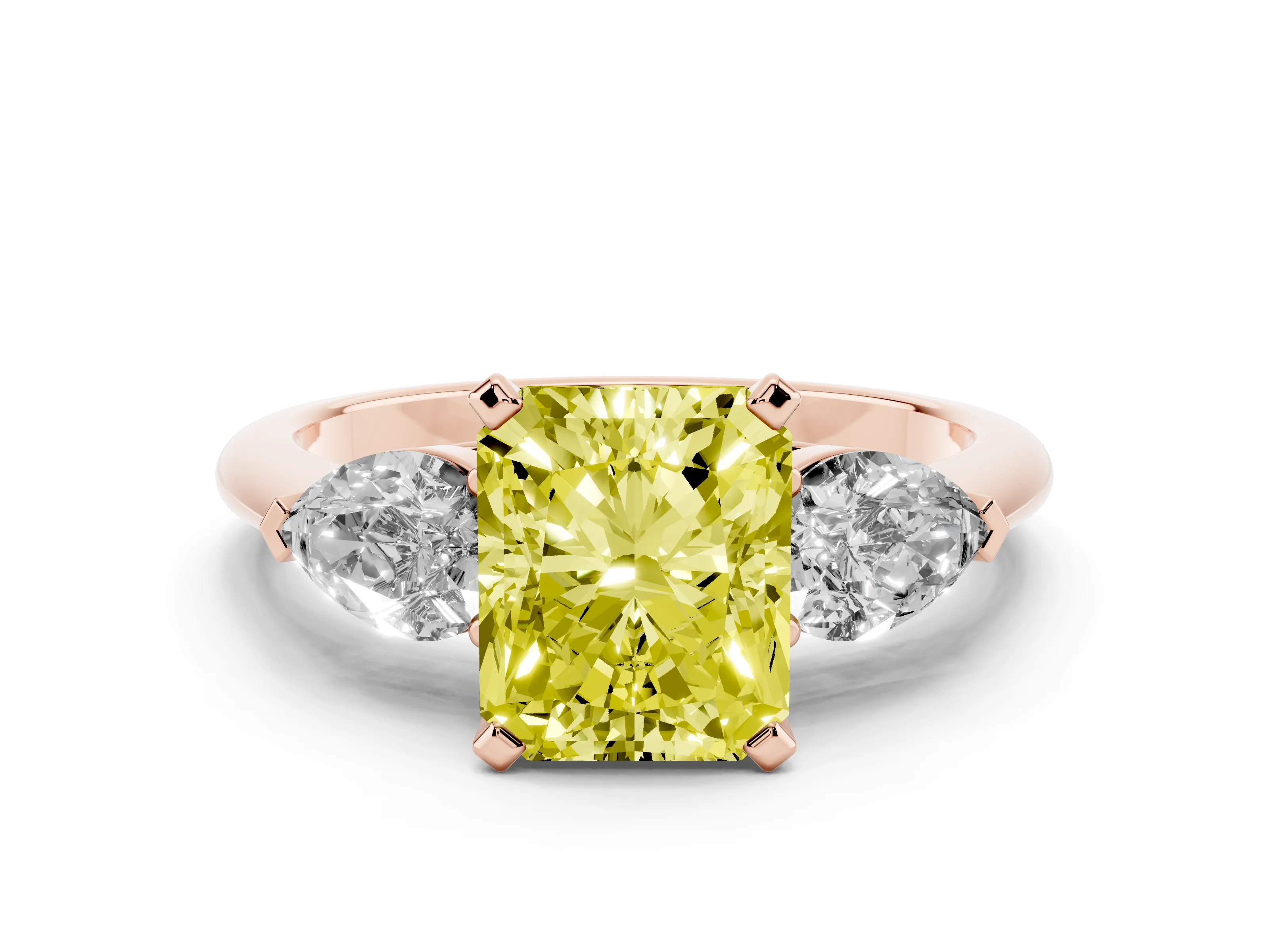 Fancy Yellow Three-Stone Radiant Cut Diamond Ring Set in Rose gold with Pear Side Stones and Prong Setting