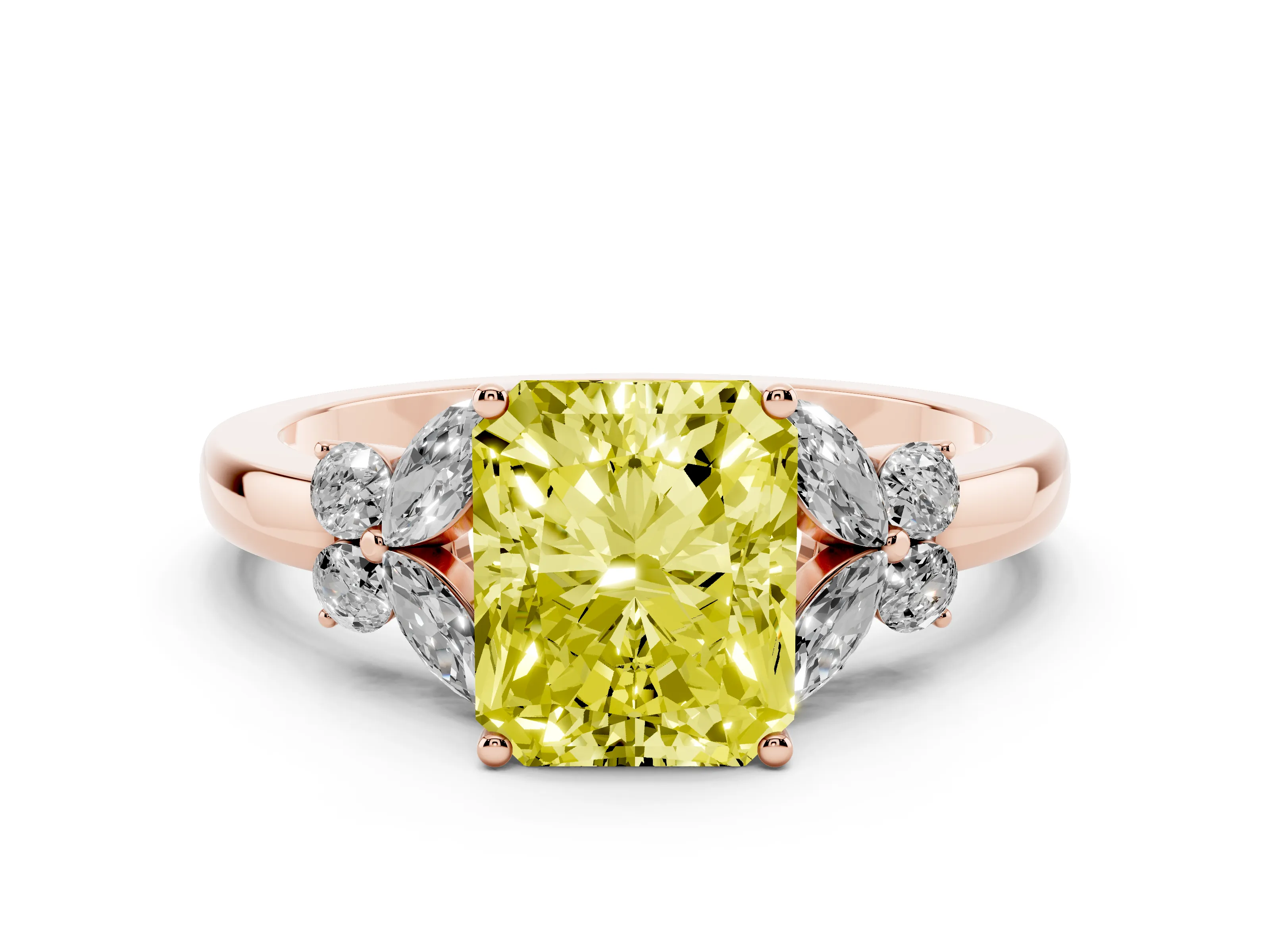 Fancy Yellow Radiant Cut Diamond Solitaire Floral Ring Set in Rose gold with Marquise Petals and Prong Setting