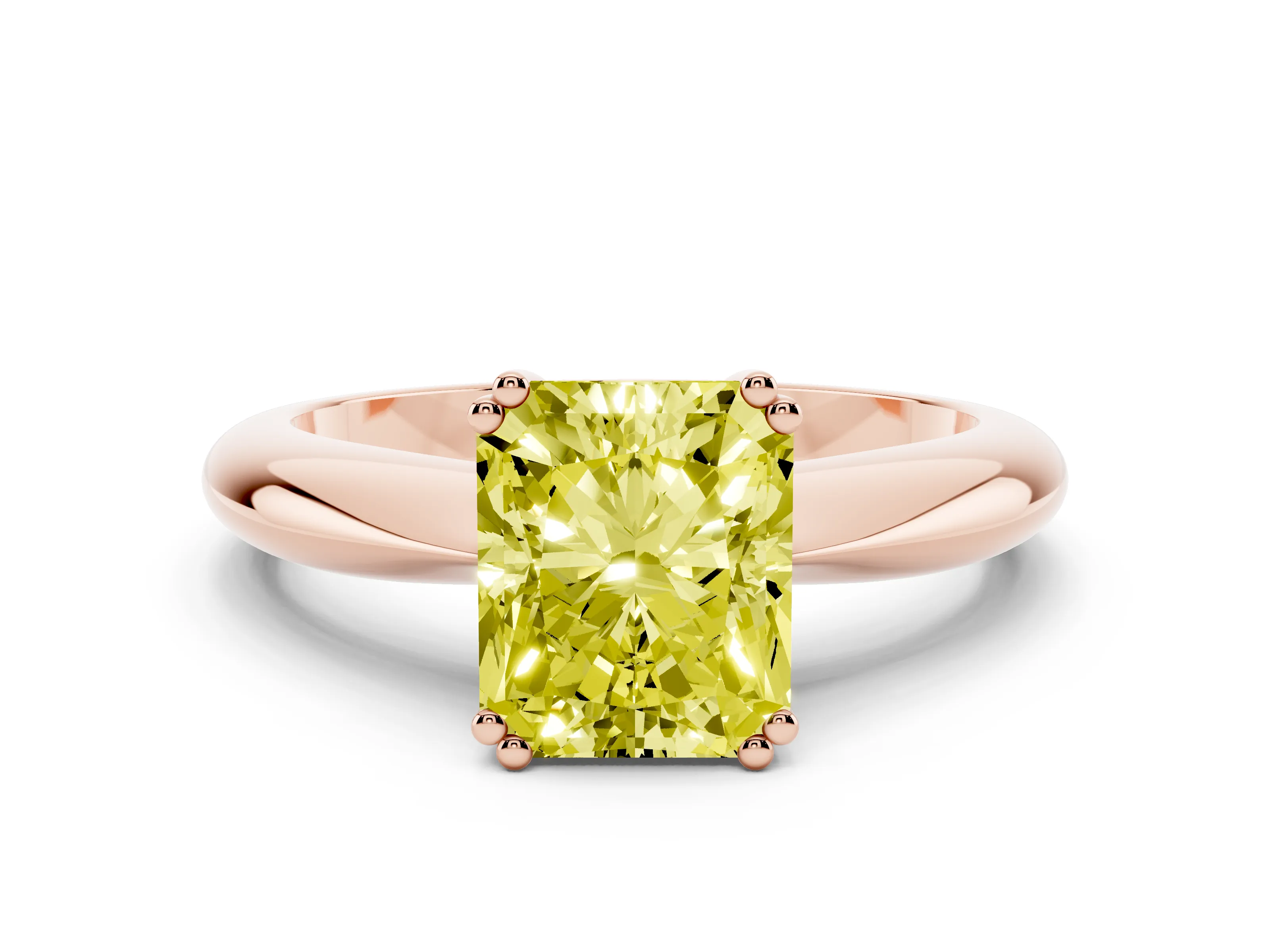 Fancy Yellow Radiant Cut Diamond Solitaire Engagement Ring Set in Rose gold with Tapered Band and Prong Setting