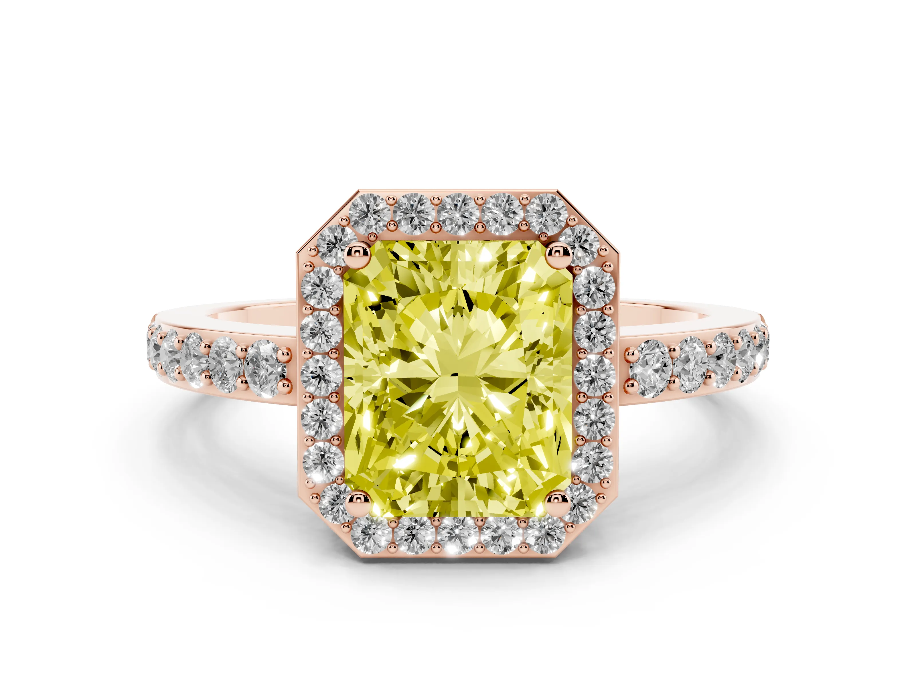 Fancy Yellow Radiant Cut Diamond Halo Ring Set in Rose gold with Pavé-Setting Band and Open Prong Center