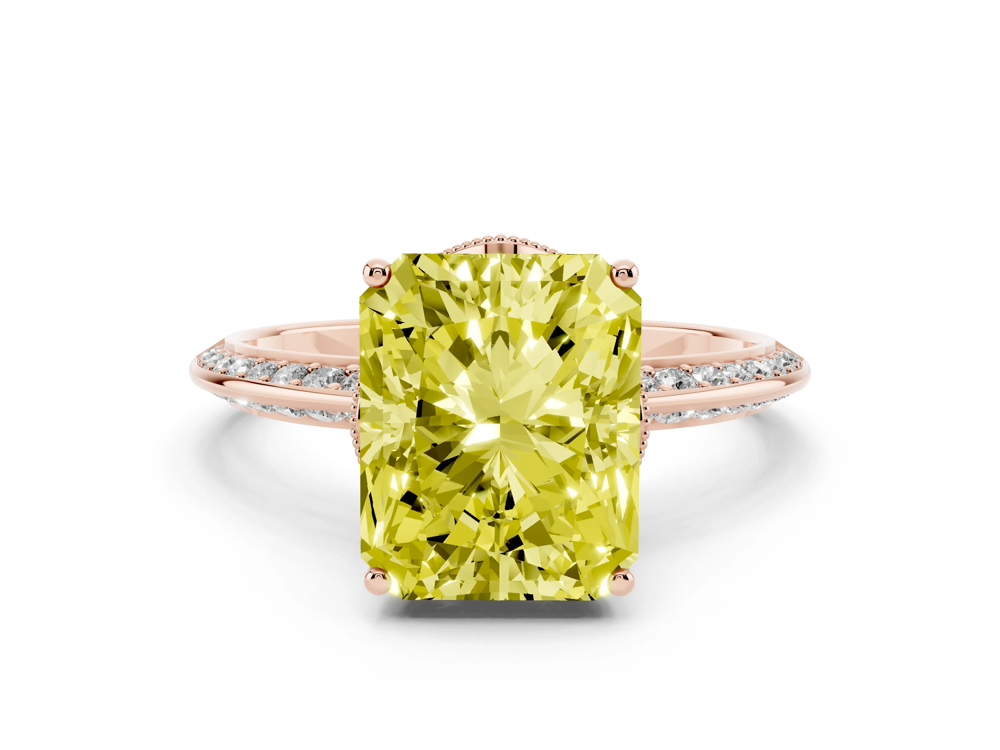 Fancy Yellow Radiant Cut Diamond Solitaire Engagement Ring Set in Rose gold with Pavé Split Shank and Prong Setting