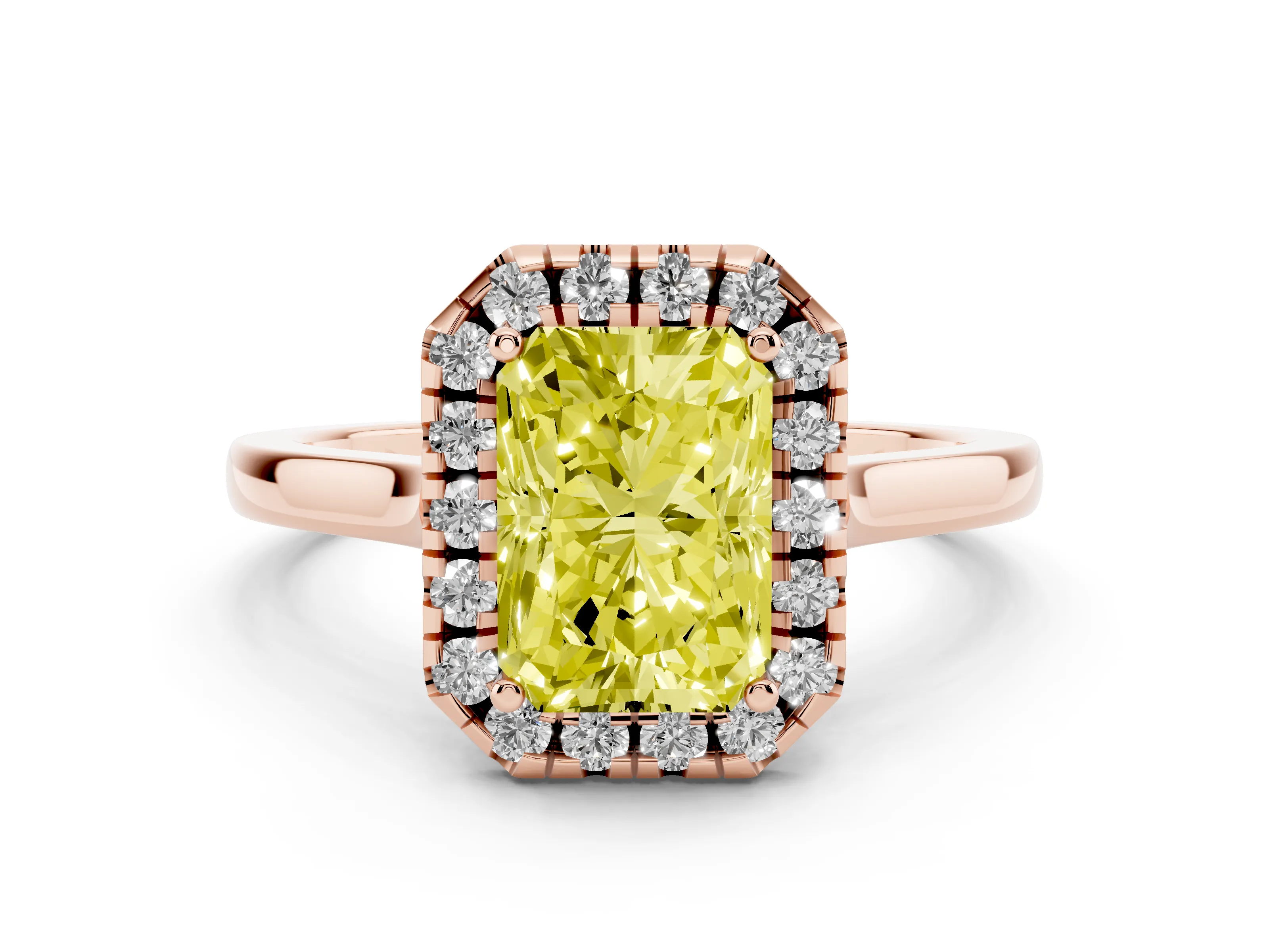 Fancy Yellow Radiant Cut Halo Round Diamond Solitaire Ring Set in Rose gold with Pavé Band and Prong Setting