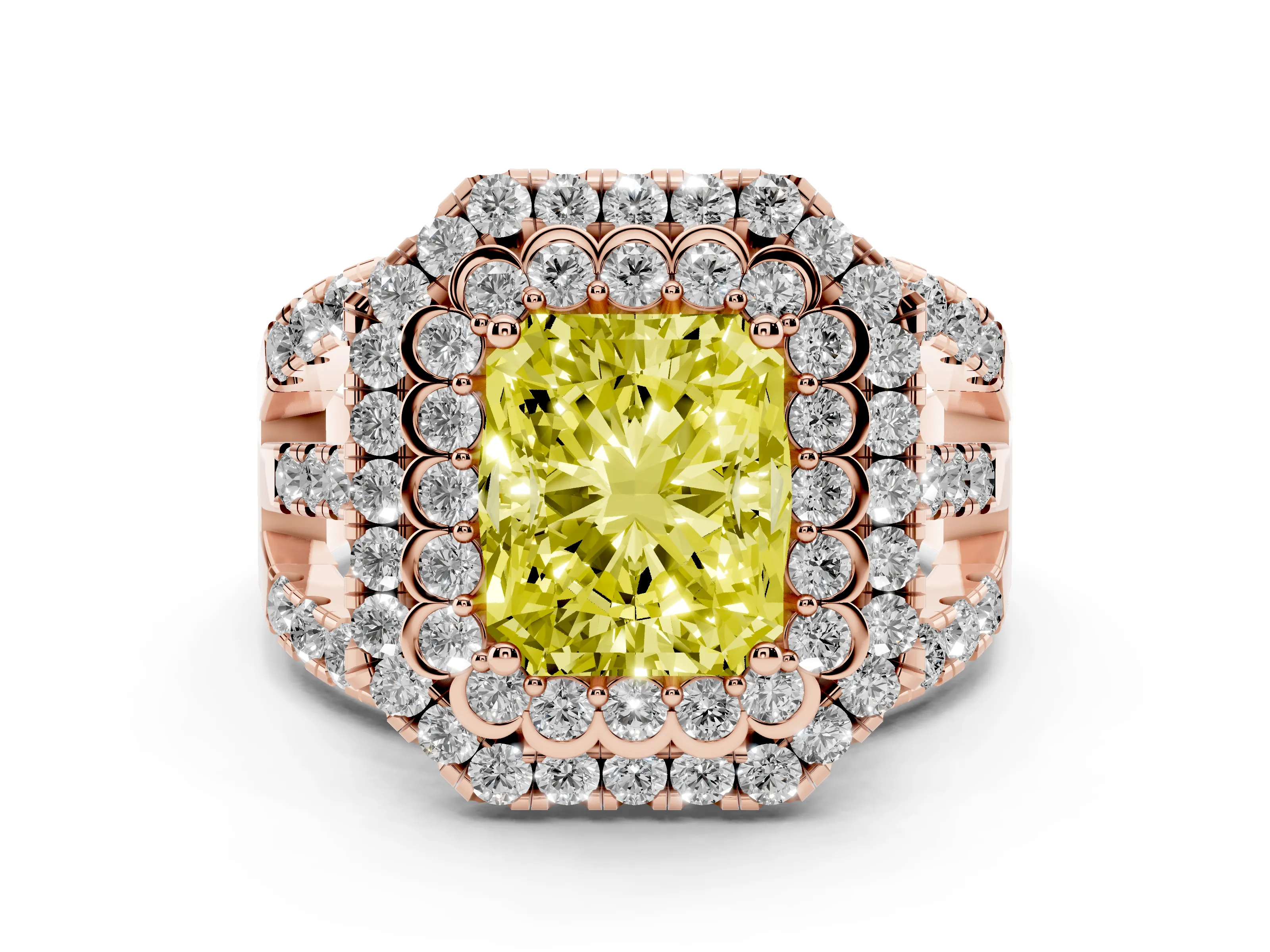 Fancy Yellow Radiant Cut Diamond Double Halo Ring Set in Rose gold with Round Pavé Split Shank
