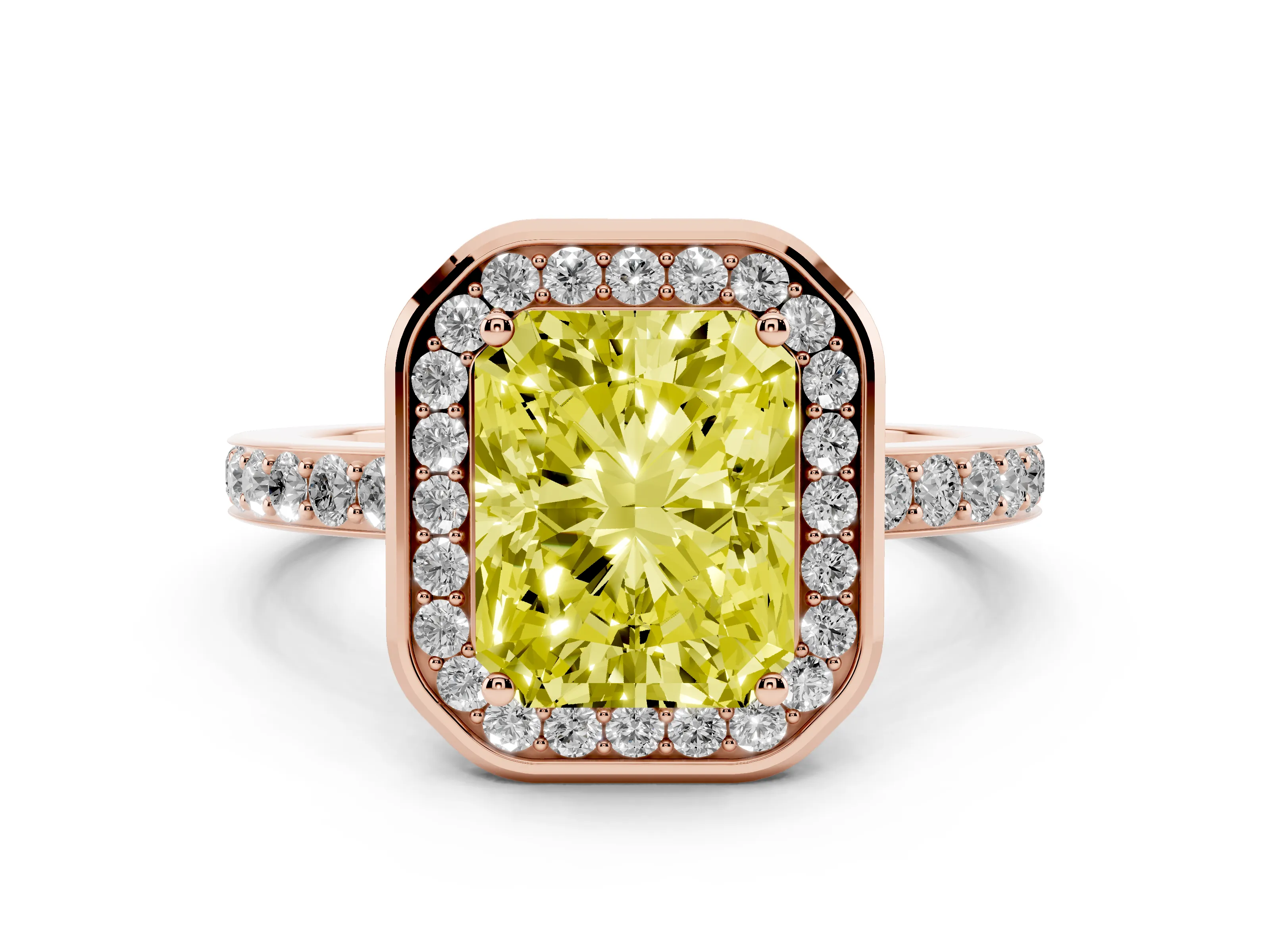 Fancy Yellow Radiant Cut Diamond Halo Ring Set in Rose gold with Bezel Frame and Pavé Band