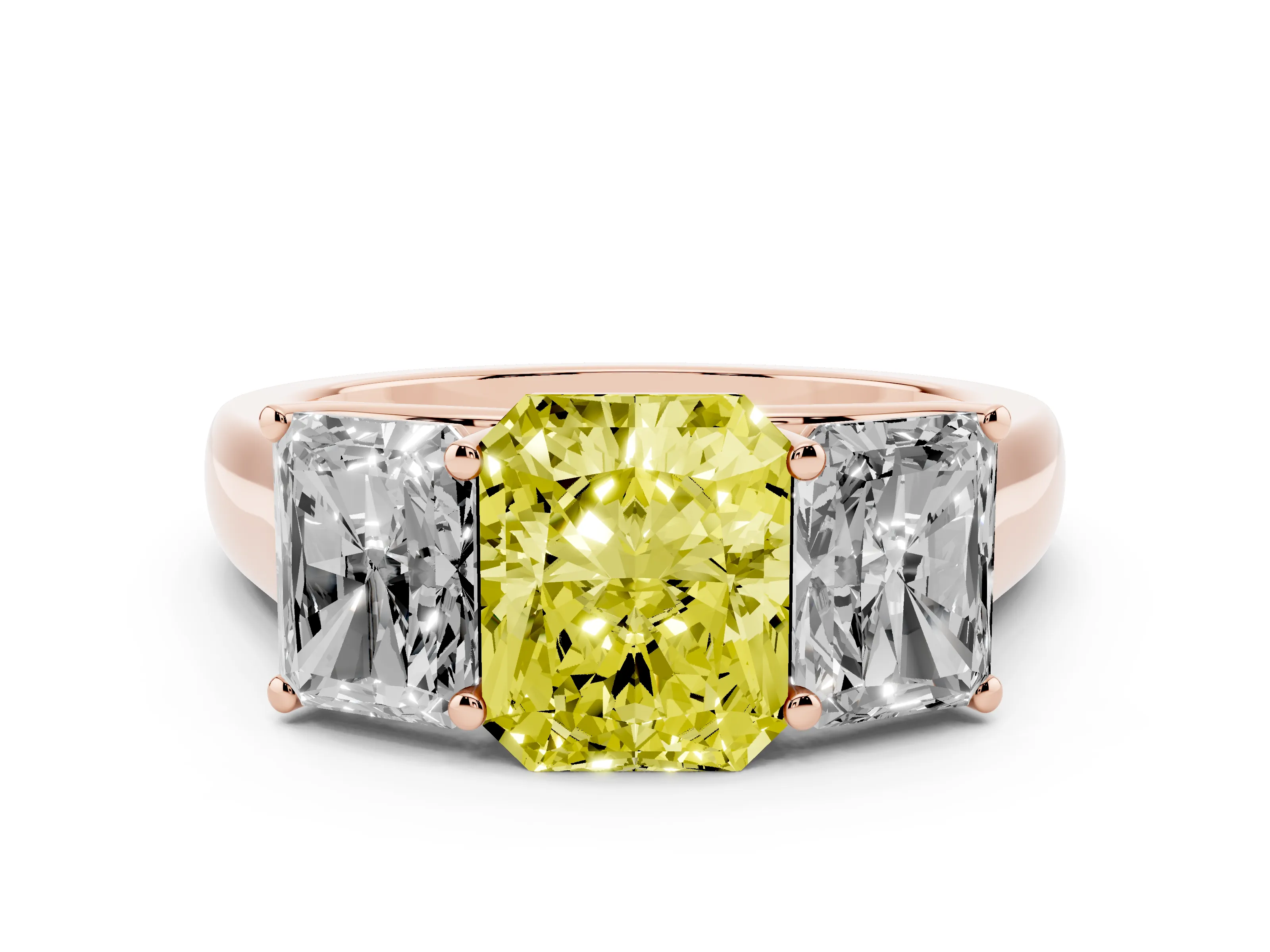 Fancy Yellow Radiant Cut Diamond Three-Stone Ring Set in Rose gold with Plain Polished Band