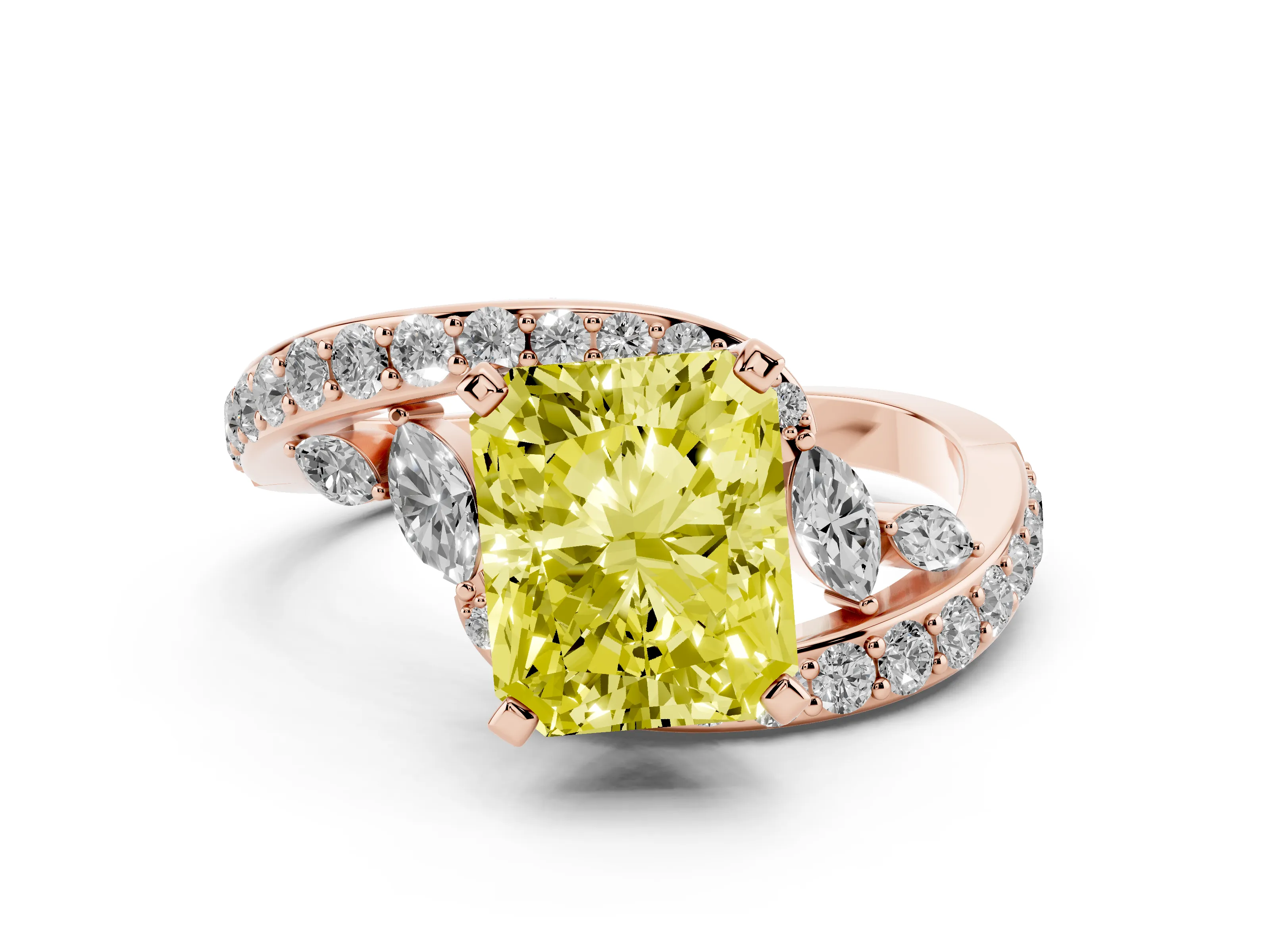 Fancy Yellow Radiant Cut Diamond Solitaire Ring Set in Rose gold with Pavé Twist Band and Secure Prong Setting