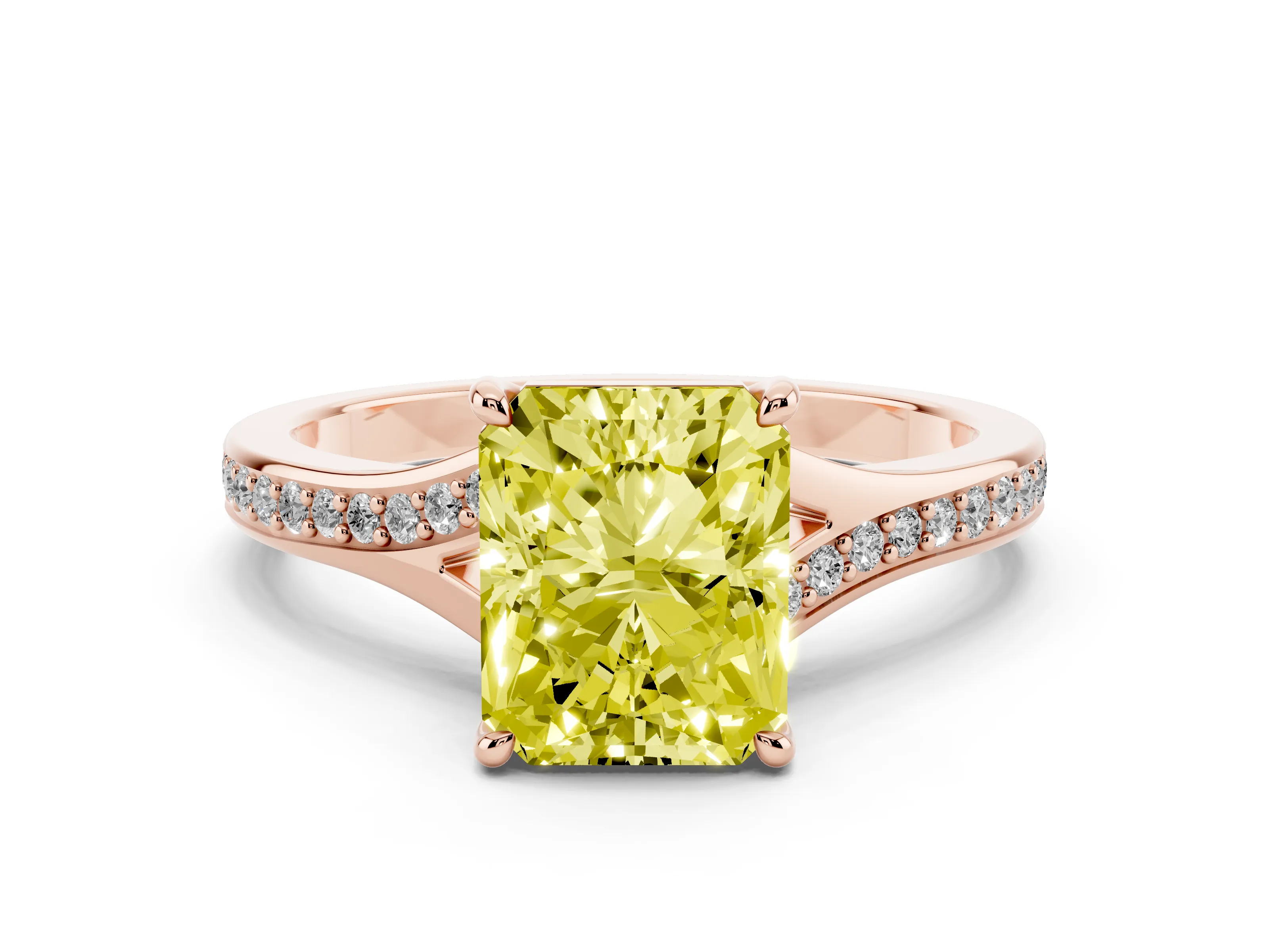 Fancy Yellow Radiant Cut Diamond Solitaire Ring Set in Rose gold with Pavé Accent Band and Classic Prong Setting