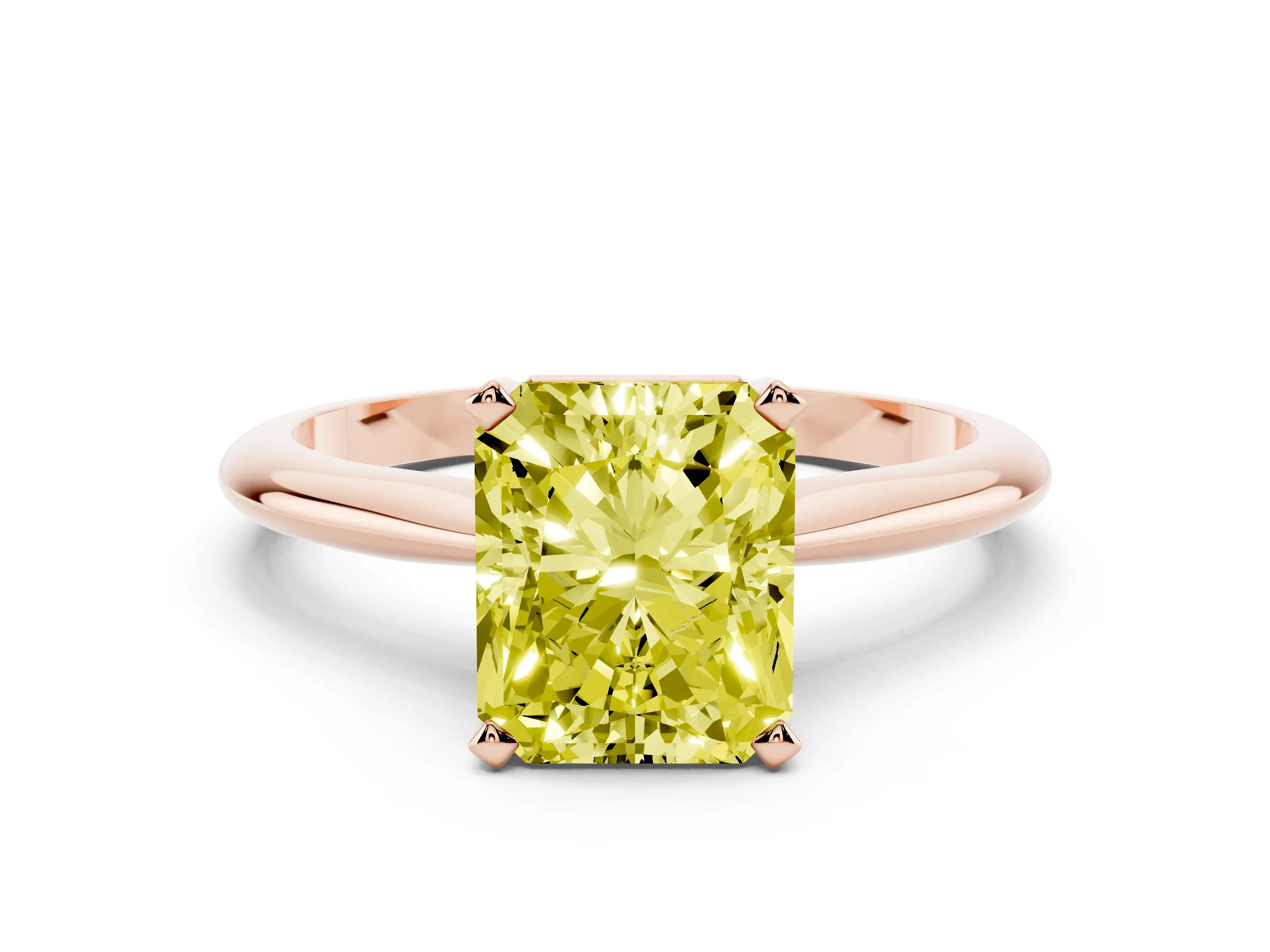 Fancy Yellow Radiant Cut Diamond Solitaire Ring Set in Rose gold with Prong Setting on a Plain Round Band