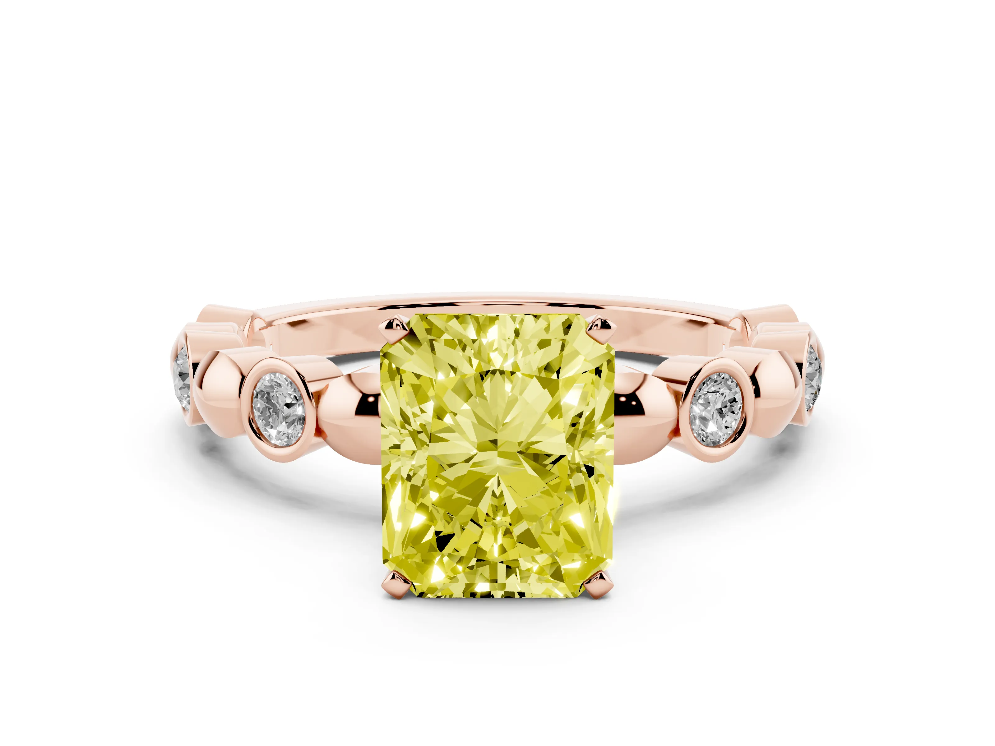 Fancy Yellow Radiant Cut Diamond Solitaire Ring Set in Rose gold with Bezel-Set Accents on Beaded Band and Prong Setting