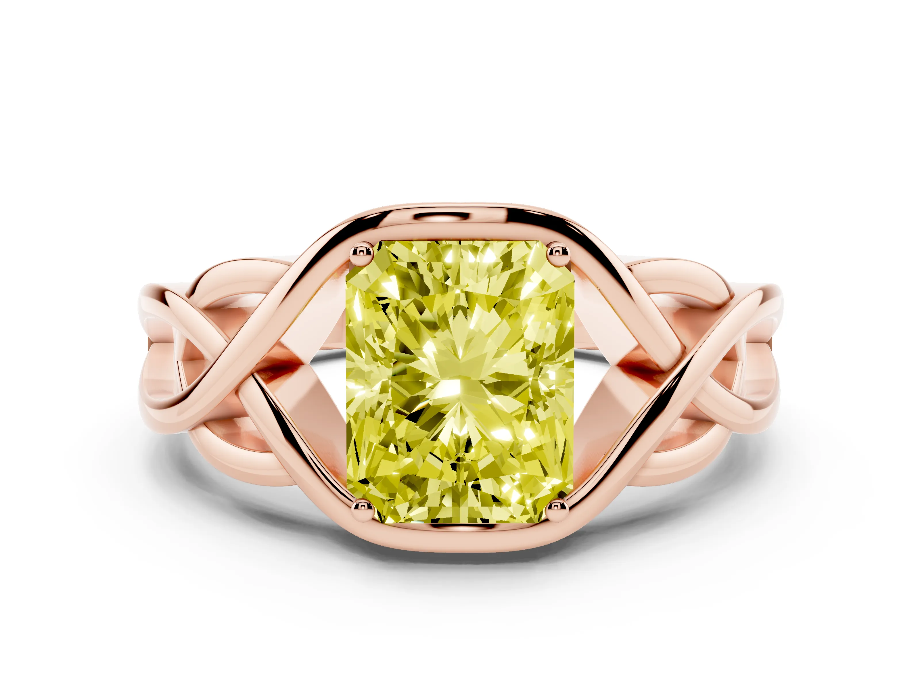 Fancy Yellow Radiant Cut Diamond Solitaire Ring Set in Rose gold with Intertwined Band