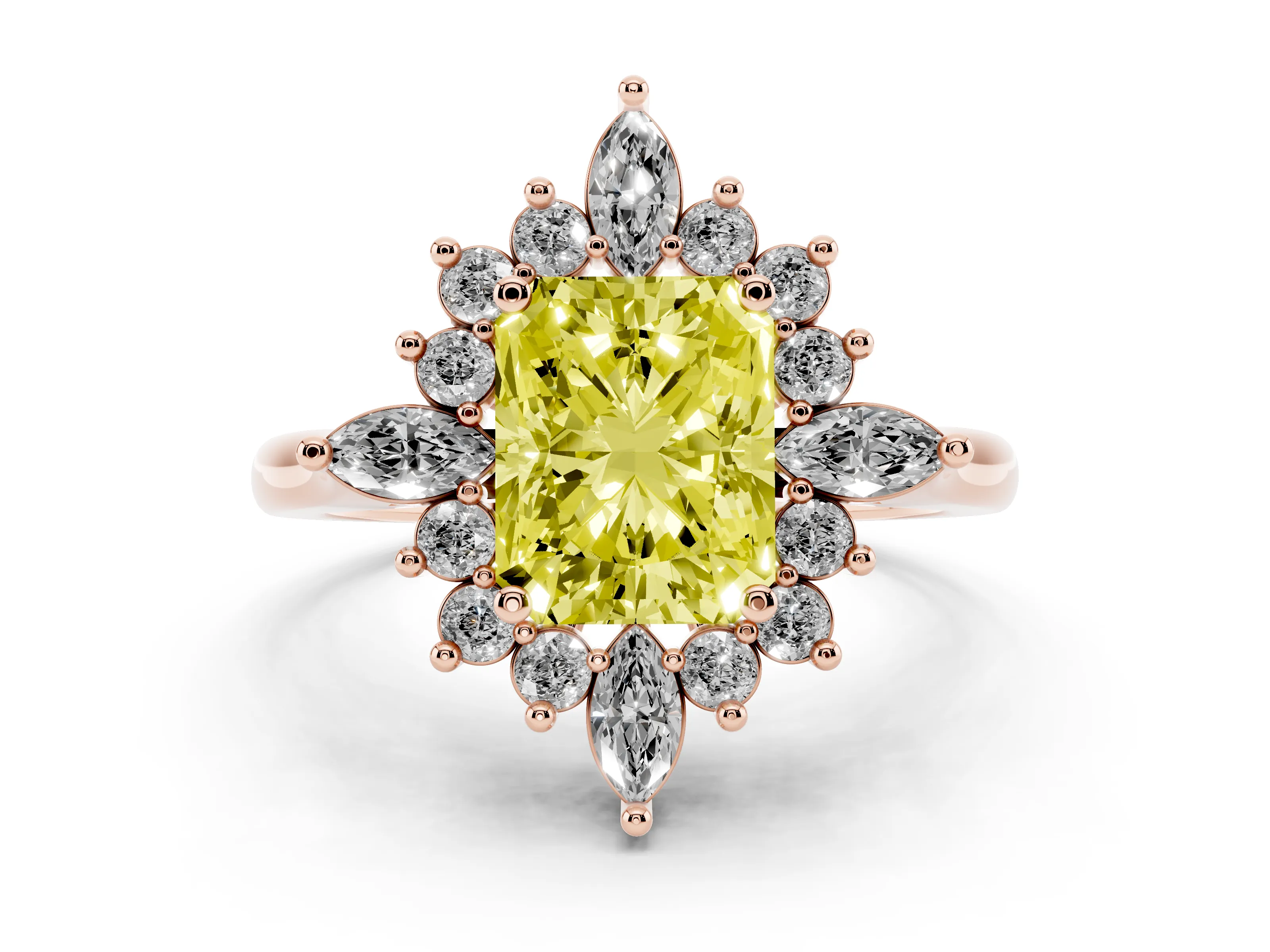Fancy Yellow Radiant Cut Diamond Cluster Halo Ring Set in Rose gold with Marquise and Round Accents