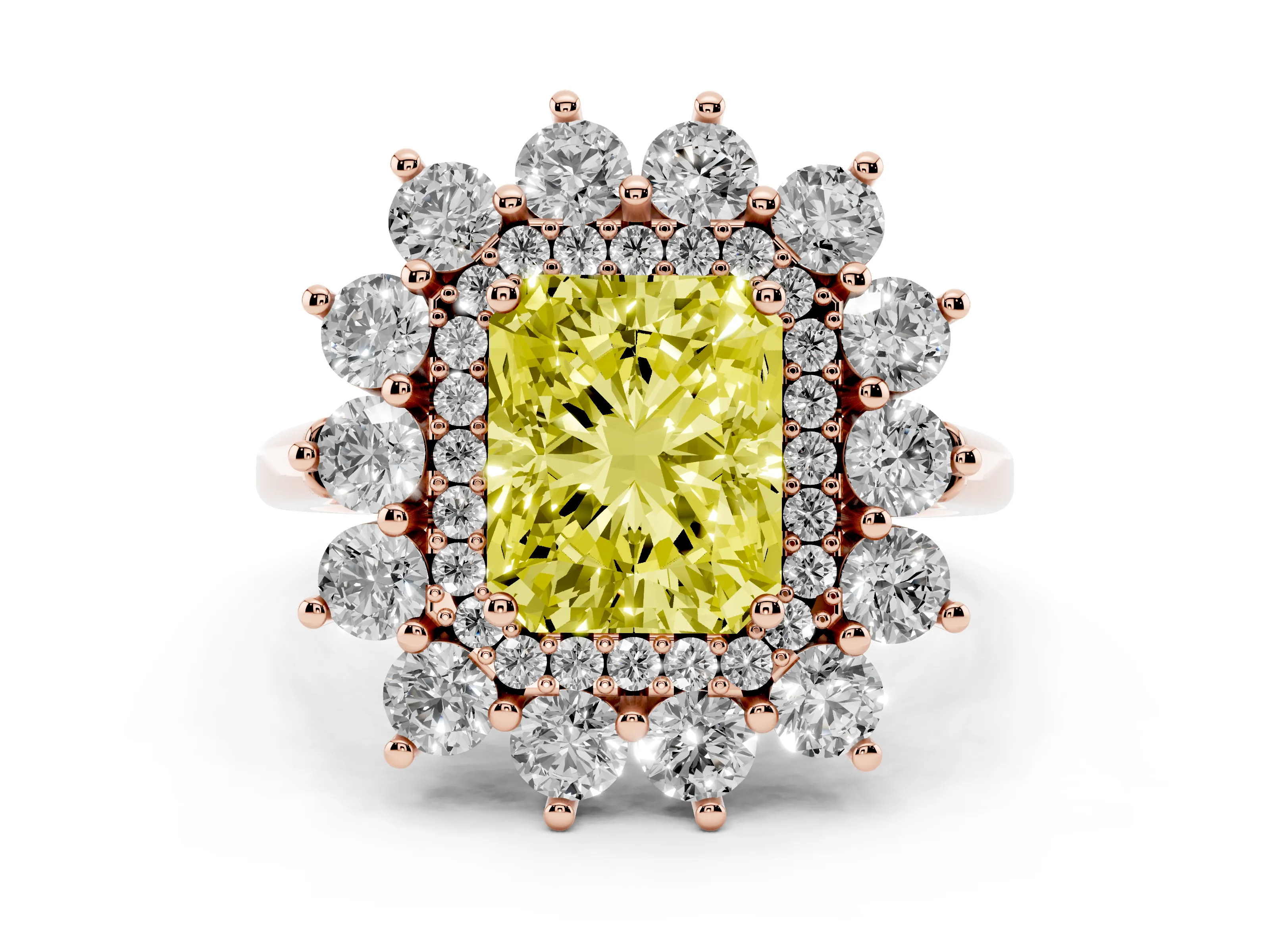 Fancy Yellow Radiant Cut Diamond Floral Double Halo Ring Set in Rose gold with Round Petals
