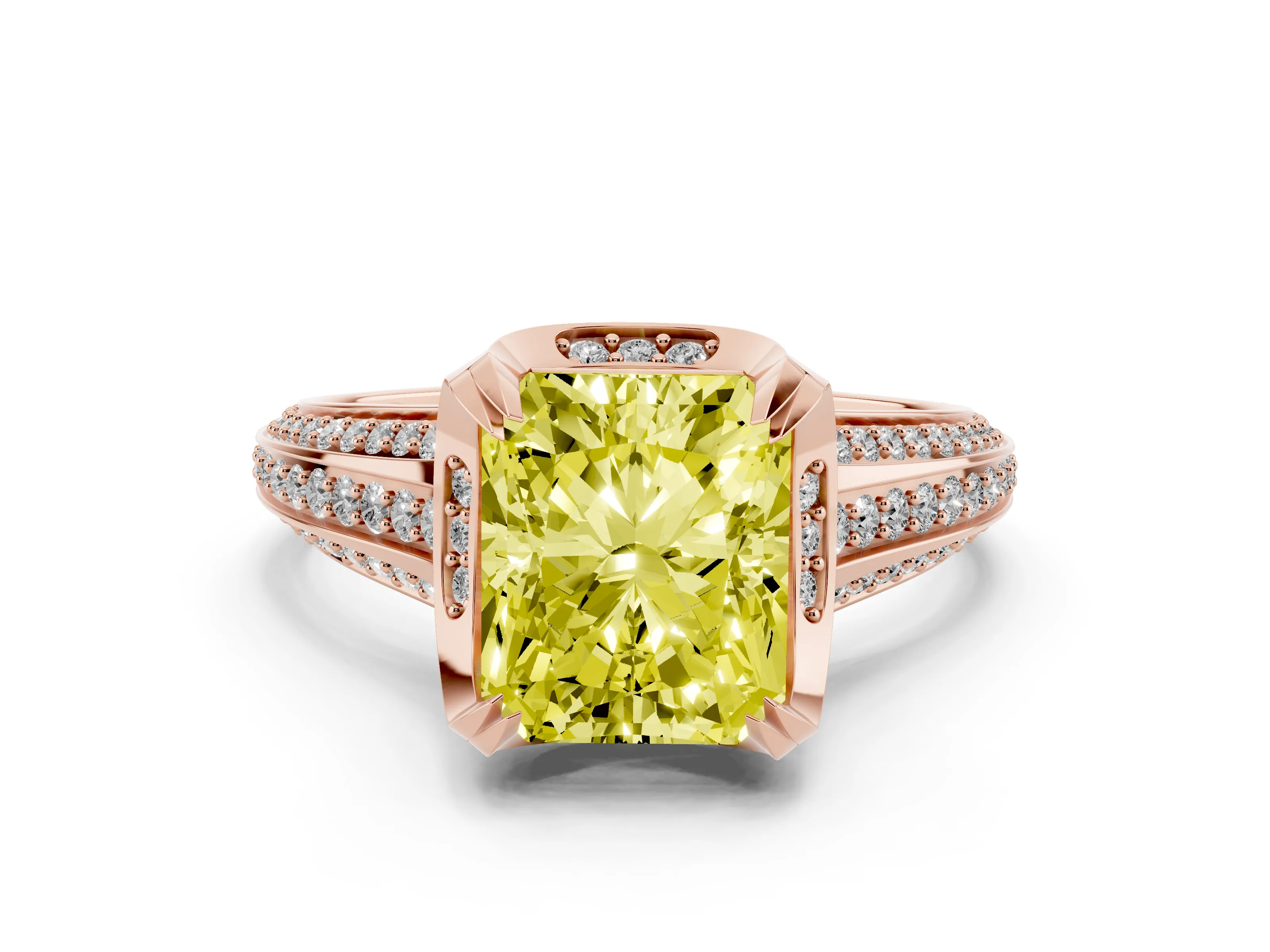 Fancy Yellow Radiant Cut Diamond Pavé Split Shank Solitaire Ring Set in Rose gold with Prong Setting