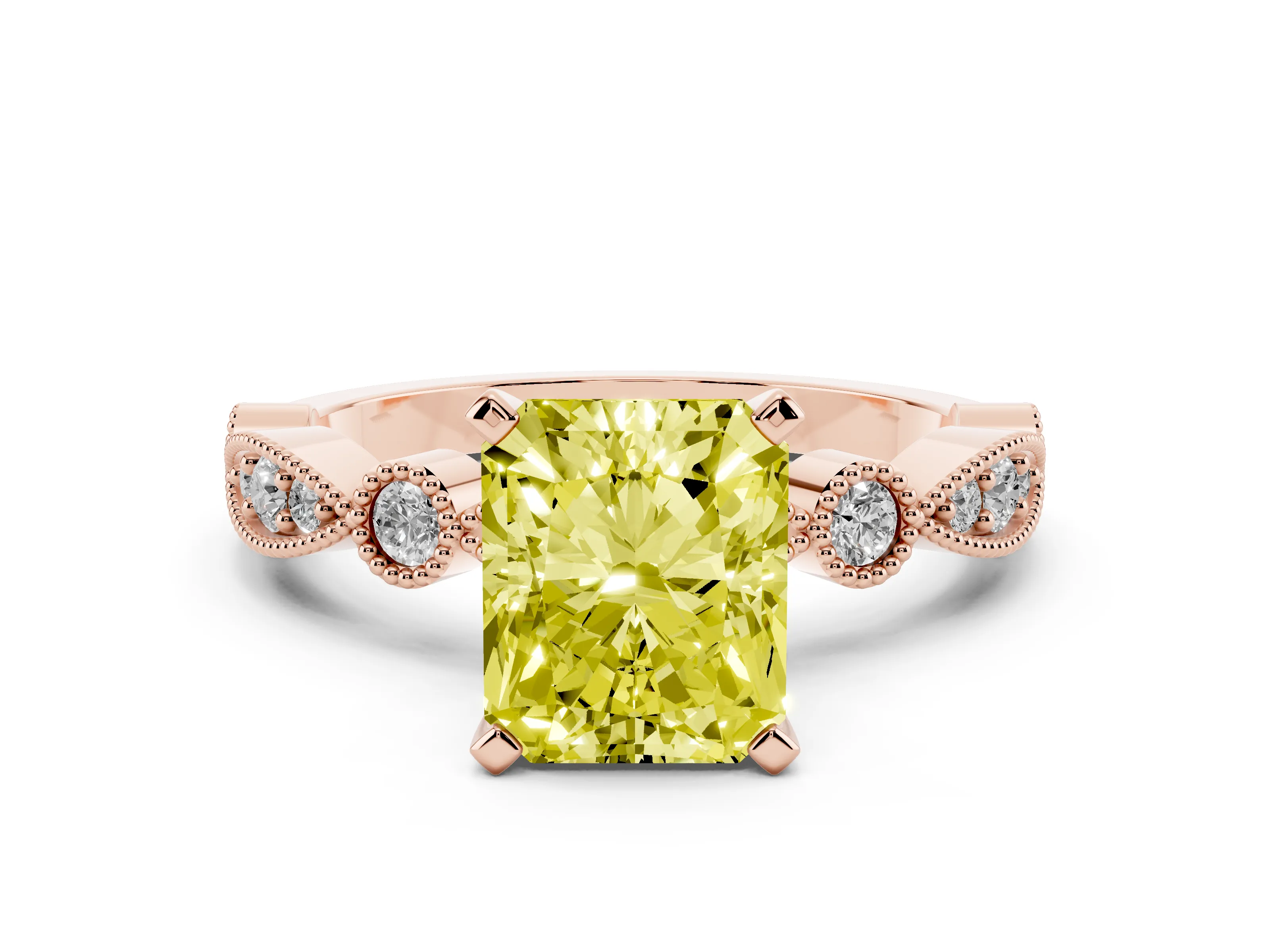 Fancy Yellow Radiant Cut Diamond Solitaire Engagement Ring Set in Rose gold with Milgrain Bezel Accent Band
