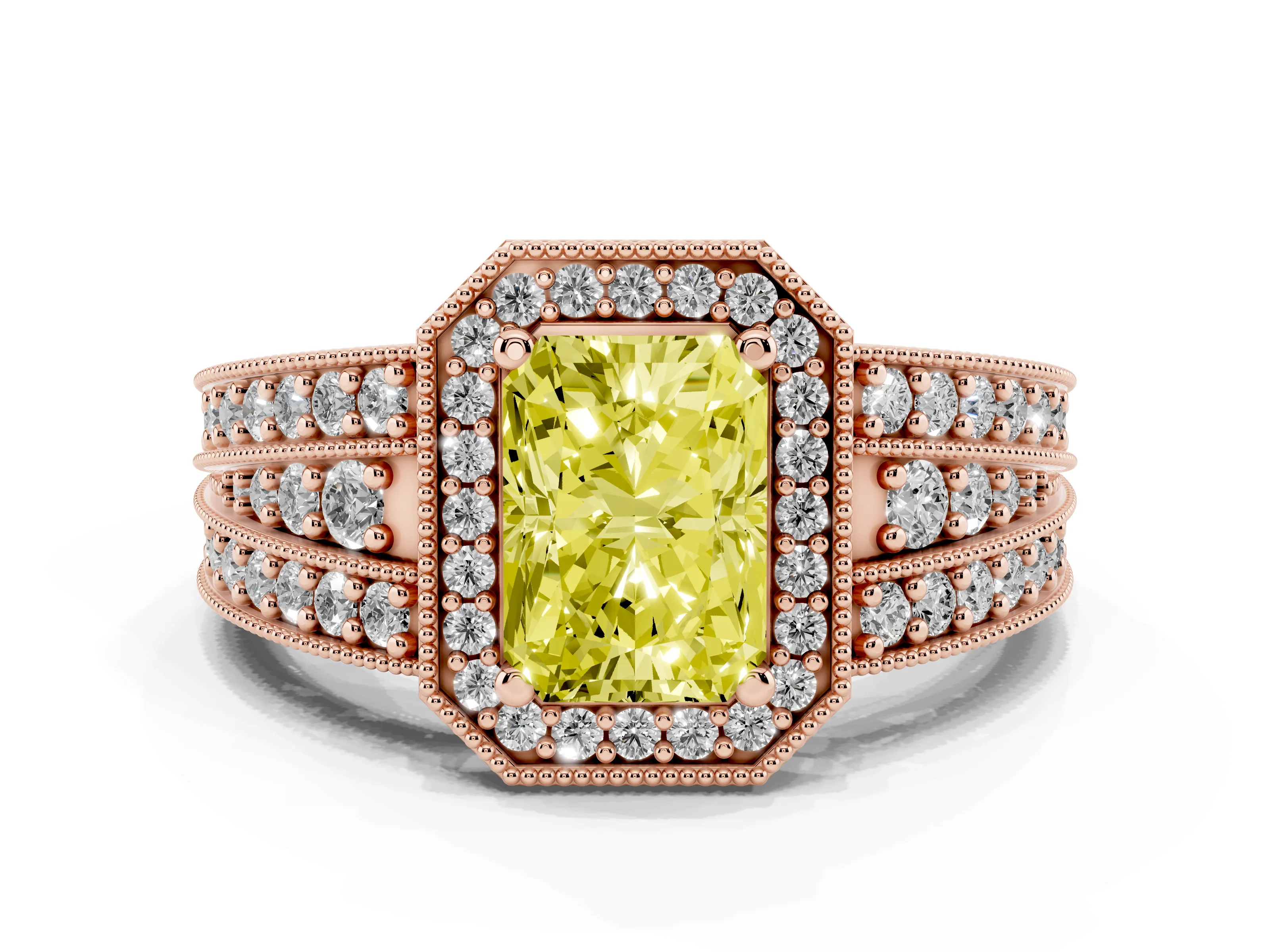 Fancy Yellow Radiant Cut Diamond Halo Ring Set in Rose gold with Accent Split Shank and Prong Setting