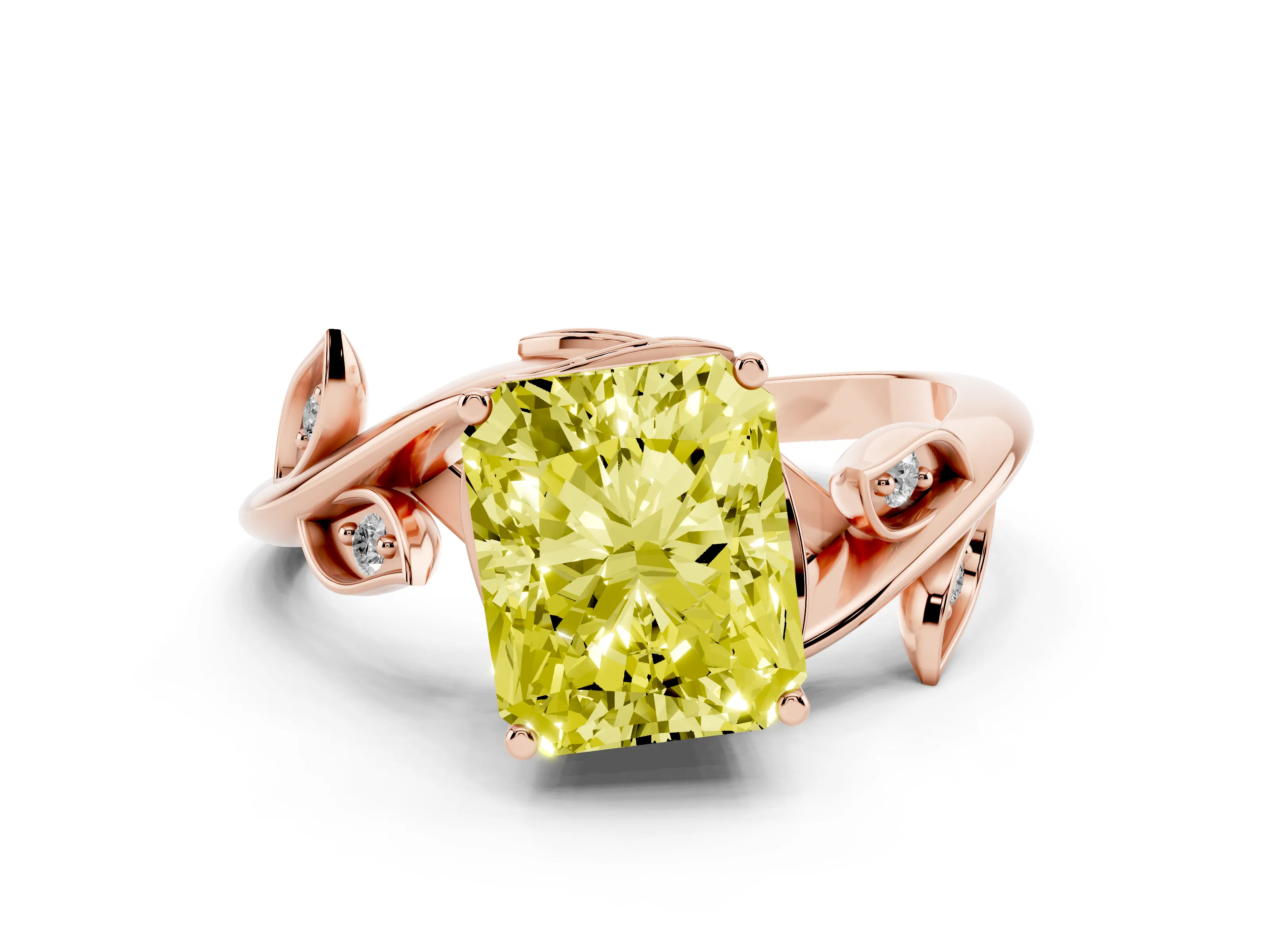 Fancy Yellow Radiant Cut Diamond Solitaire Twist Engagement Ring Set in Rose gold with Pavé Leaf Accents