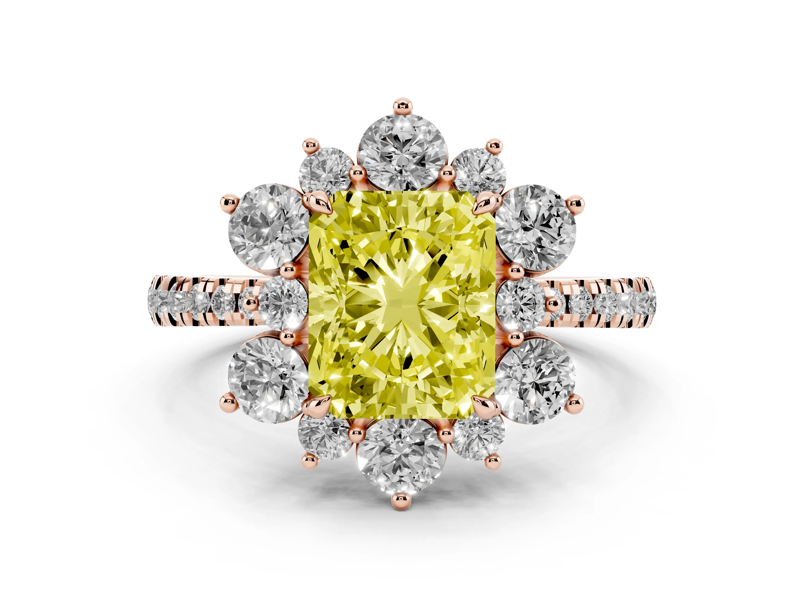 Fancy Yellow Radiant Cut Diamond Floral Halo Ring Set in Rose gold with Round Pavé Band and Prong Setting
