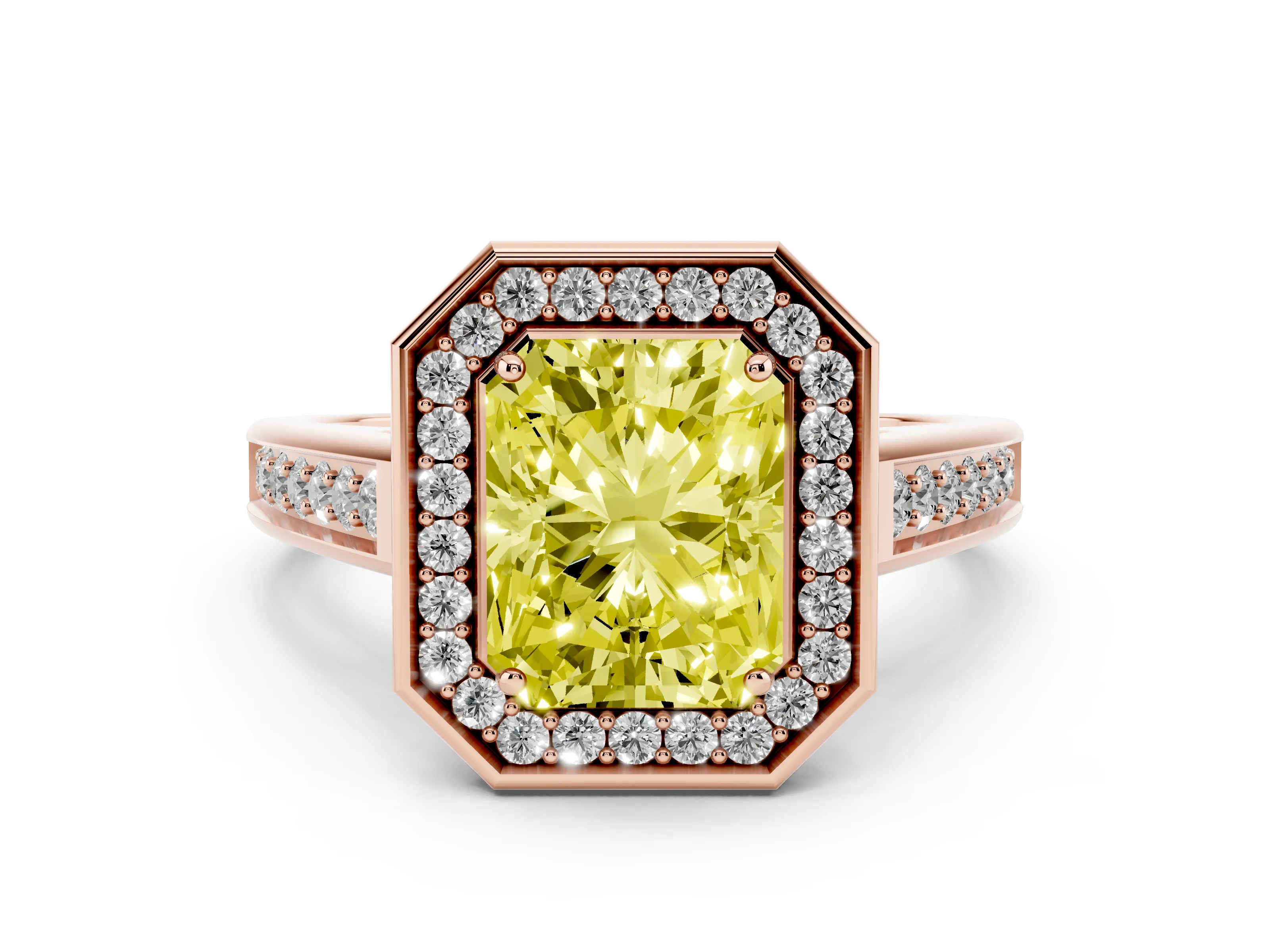 Fancy Yellow Radiant Cut Diamond Halo Solitaire Ring Set in Rose gold with Pavé Band and Bezel Setting