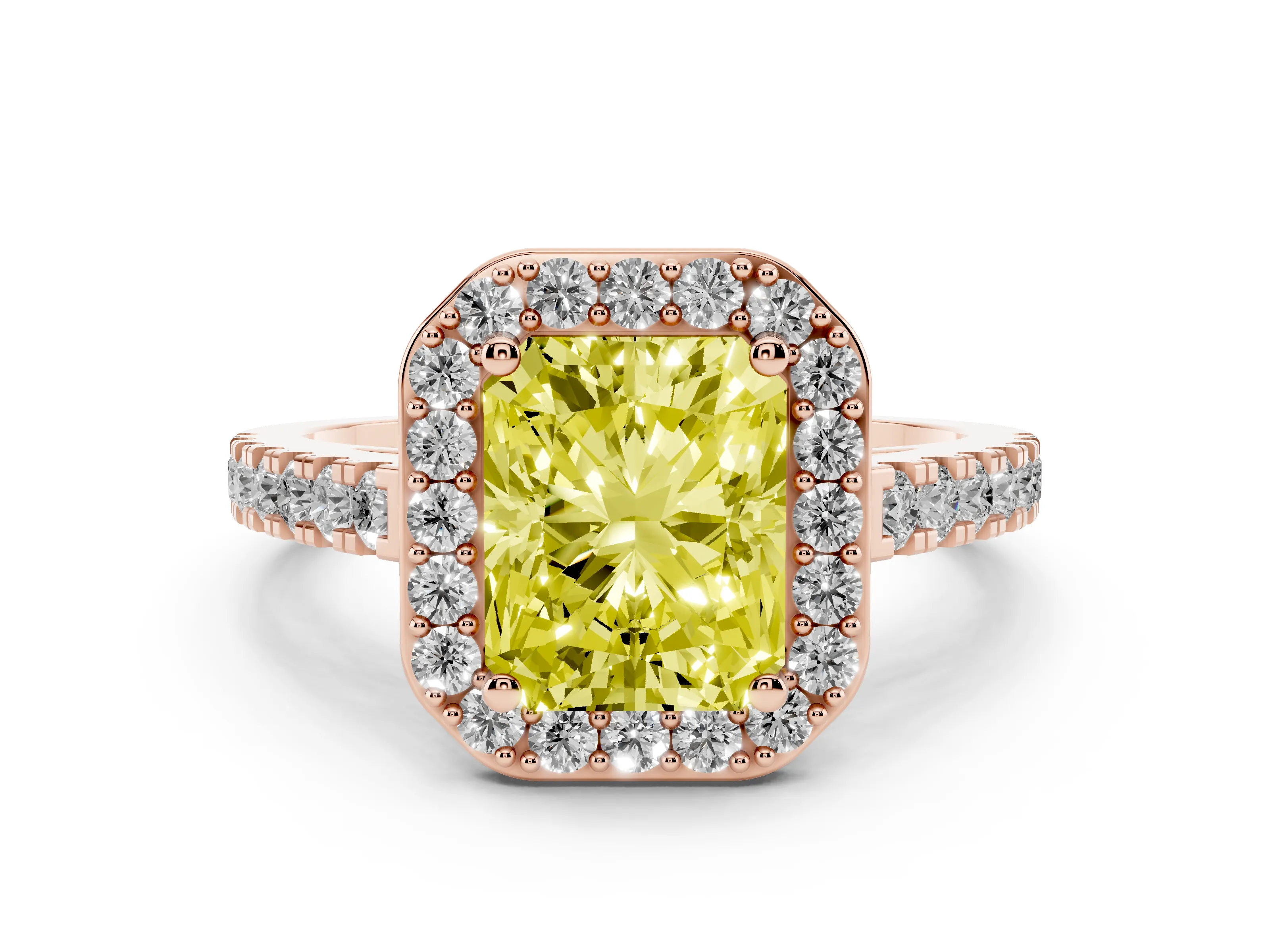 Fancy Yellow Radiant Cut Diamond Halo Ring Set in Rose gold with Round Pavé Split Shank and Prong Setting