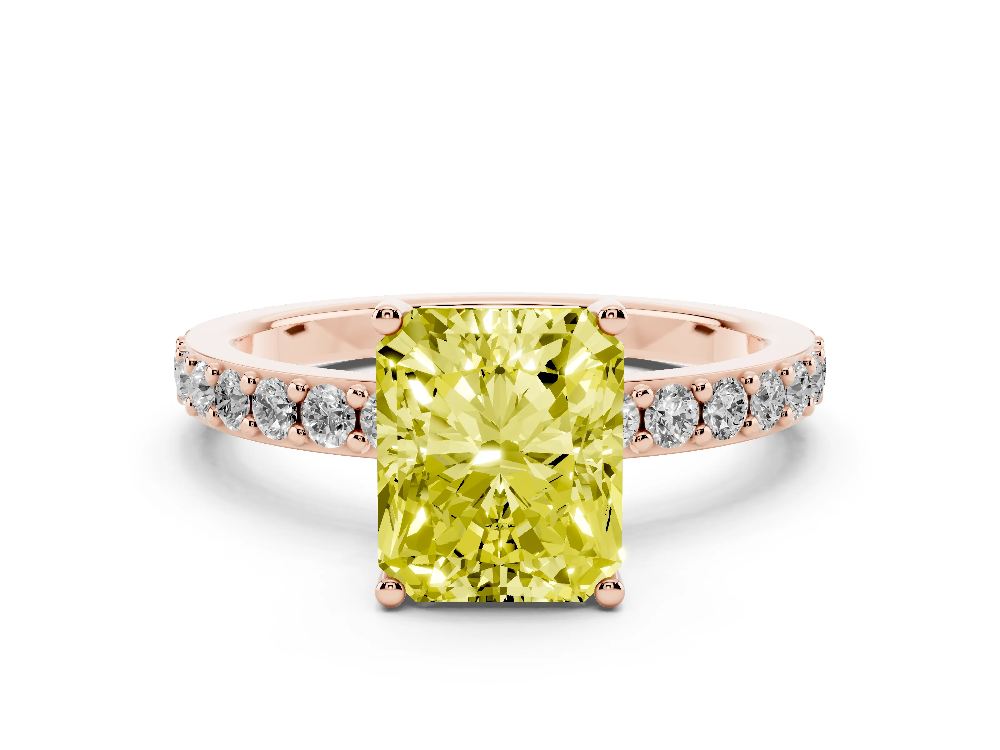 Fancy Yellow Radiant Cut Diamond Solitaire Set in Rose gold with Round Pavé Band and Prong Setting