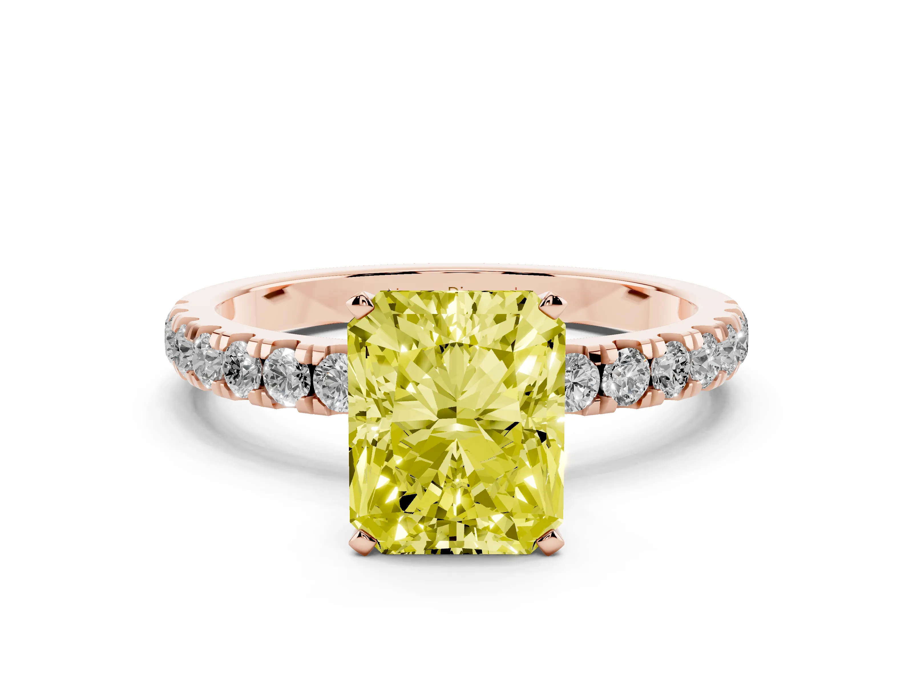 Fancy Yellow Radiant Cut Diamond Solitaire Ring Set in Rose gold with Pavé Accents and Prong Setting