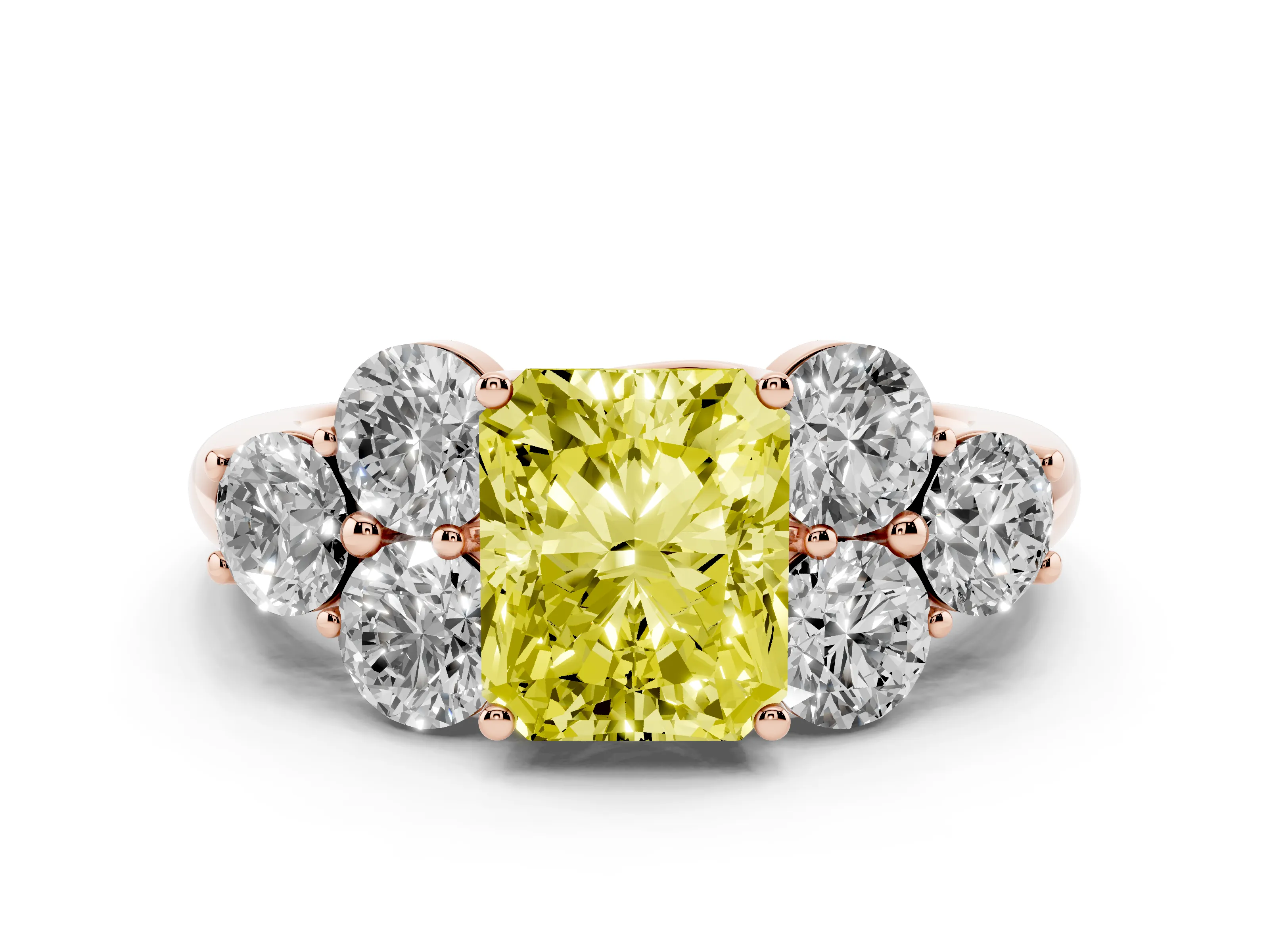Fancy Yellow Radiant Cut Diamond Cluster Ring Set in Rose gold with Round Accent Stones and Prong Setting on a Plain Band