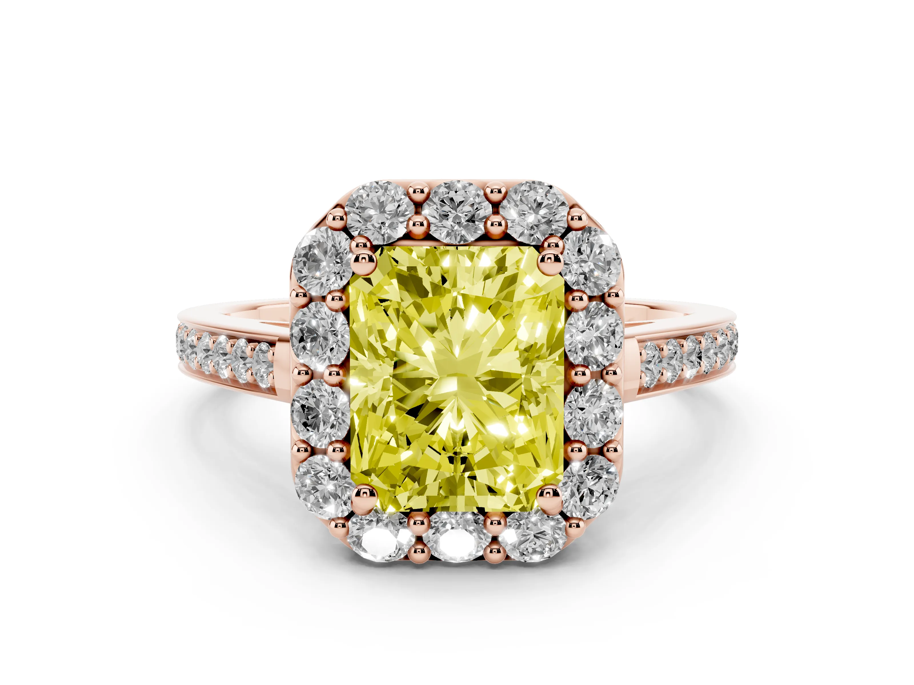 Fancy Yellow Radiant Cut Diamond Floral Halo Ring Set in Rose gold with Pavé Band and Prong Setting