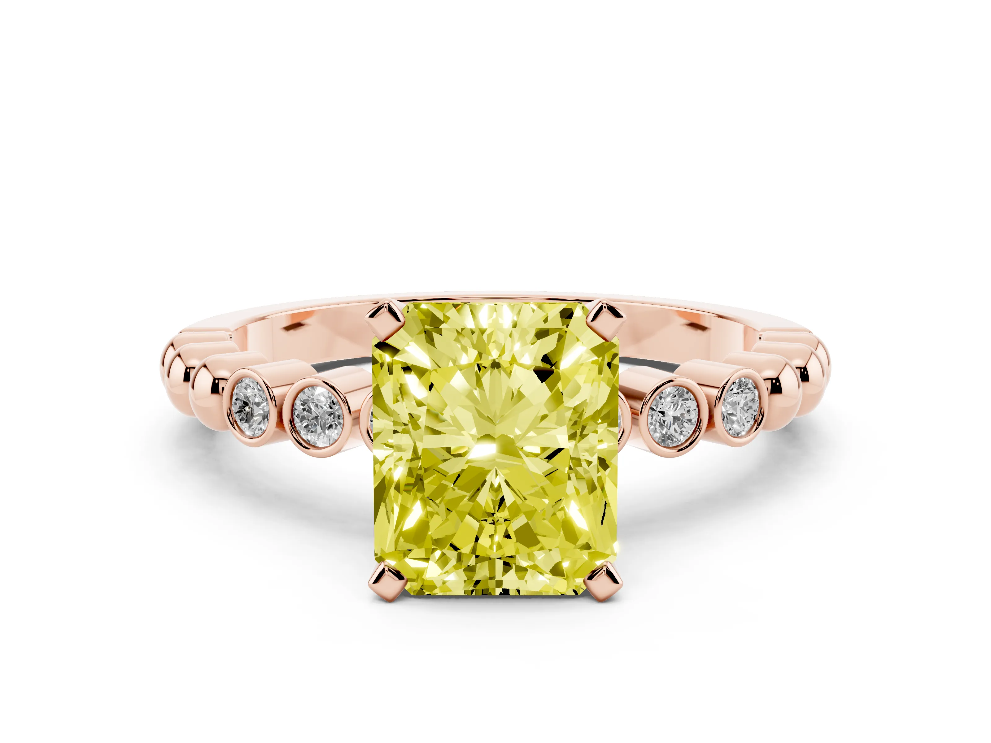 Fancy Yellow Radiant Cut Diamond Solitaire Engagement Ring Set in Rose gold with Bezel Accents on Beaded Band