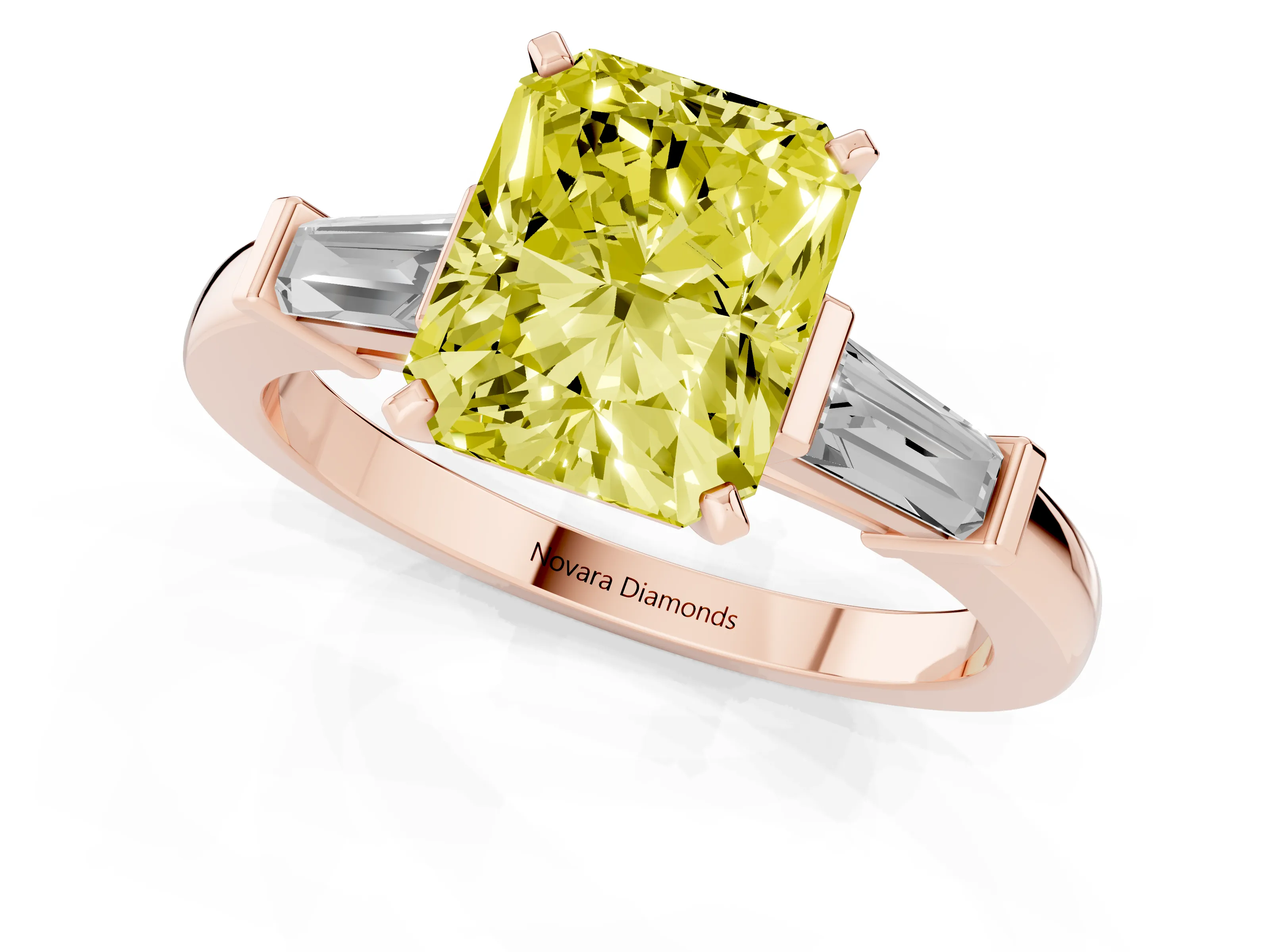 Fancy Yellow Radiant Cut Diamond Solitaire Ring Set in Rose gold with Tapered Baguette Accents and Prong Setting