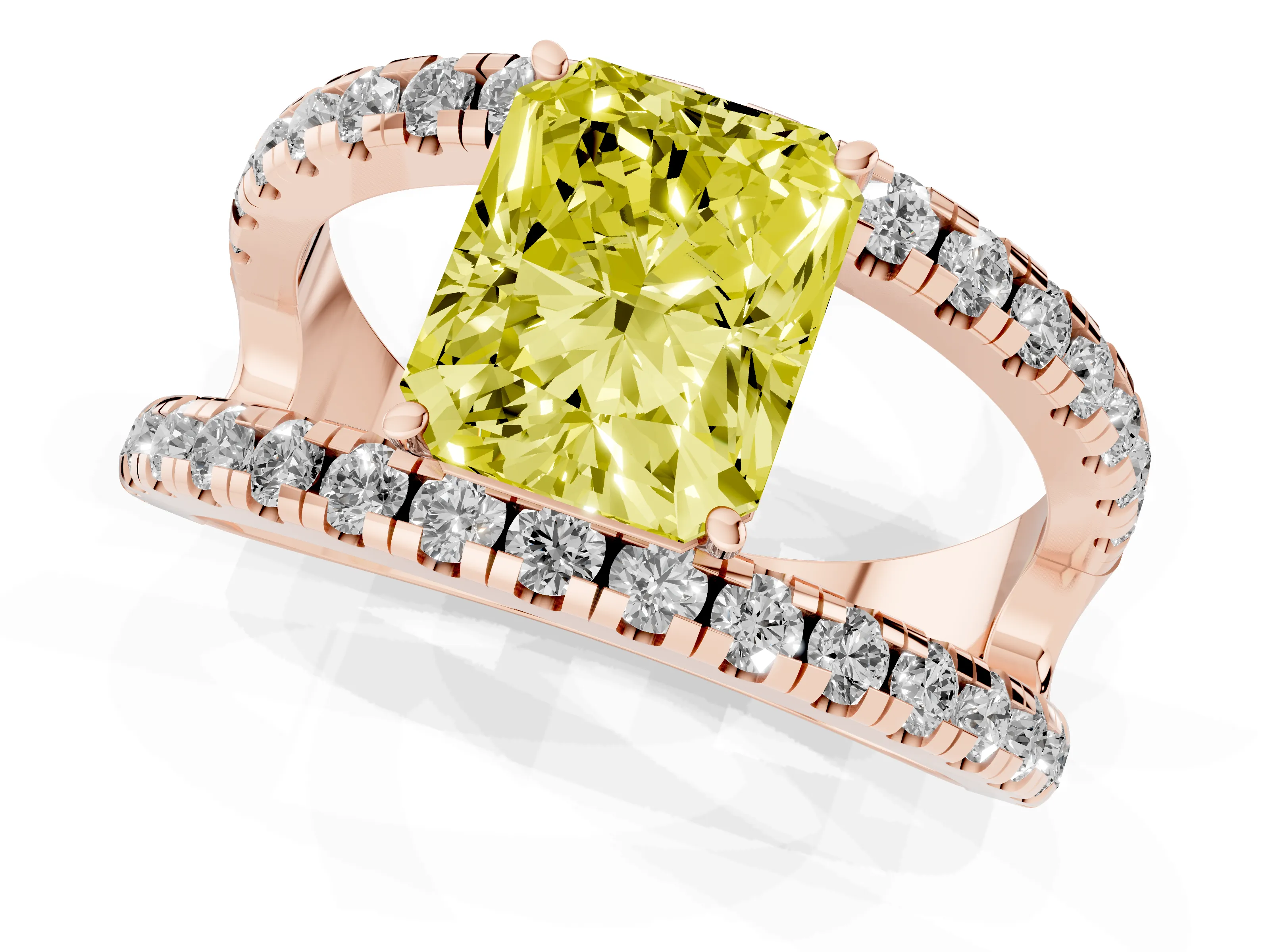Fancy Yellow Radiant Cut Diamond Split Shank Pavé Solitaire Ring Set in Rose gold with Open Shank Design