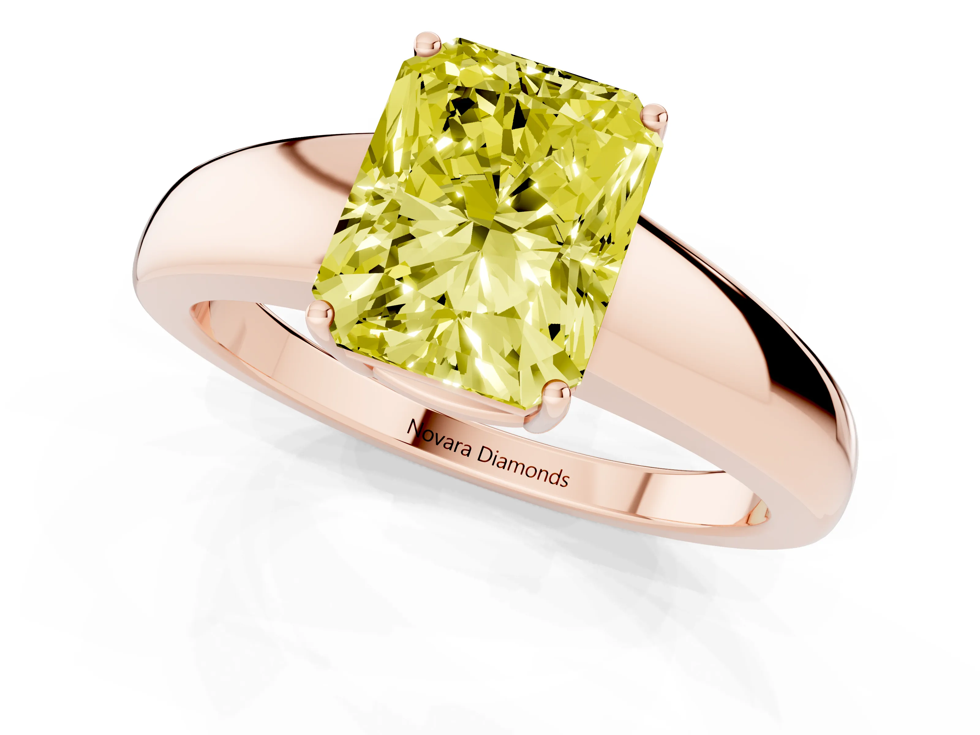 Fancy Yellow Radiant Cut Diamond Solitaire Ring Set in Rose gold with Tapered Band and Prong Setting