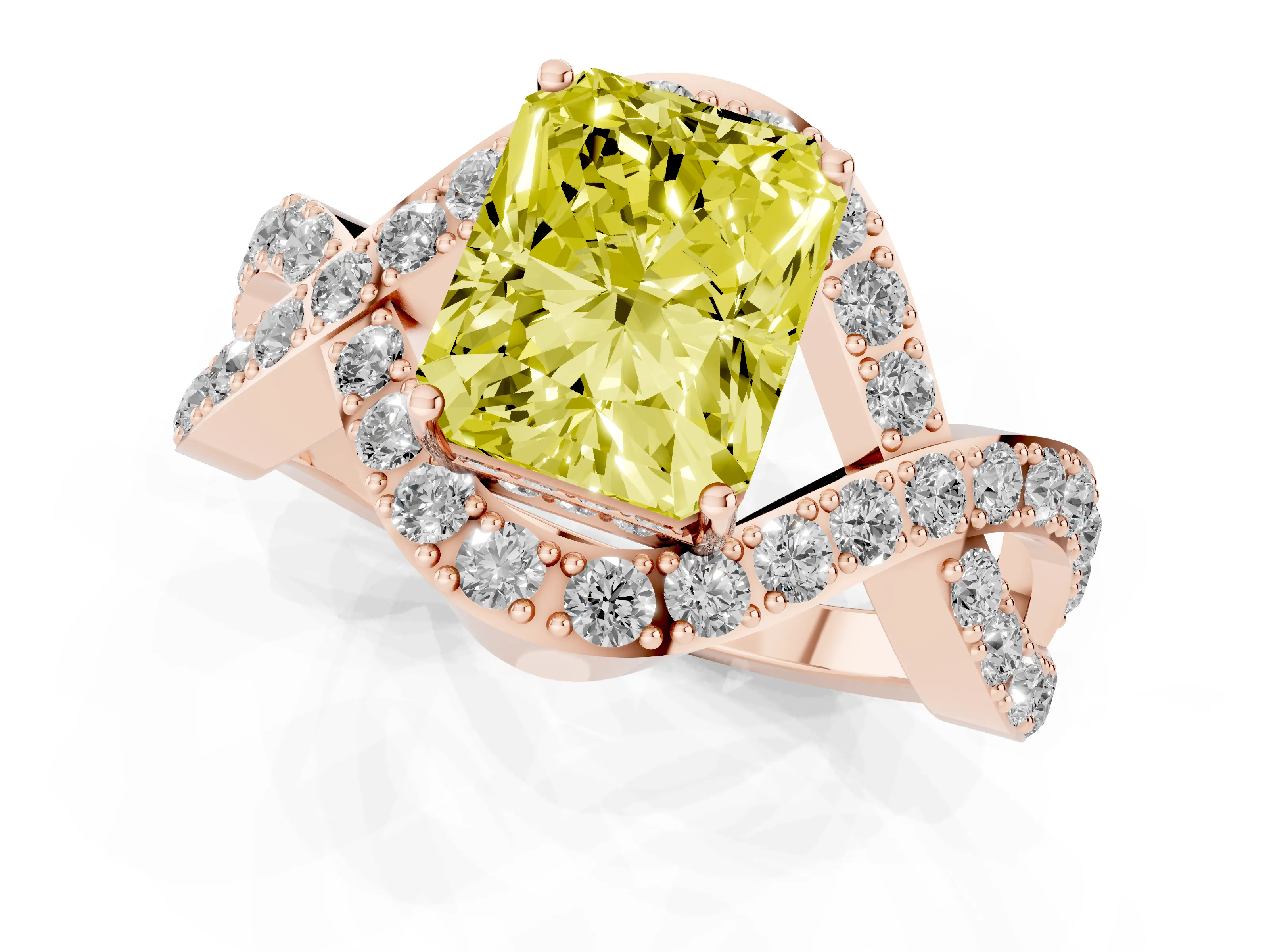 Fancy Yellow Radiant Cut Diamond Solitaire Twist Band Pavé Engagement Ring Set in Rose gold