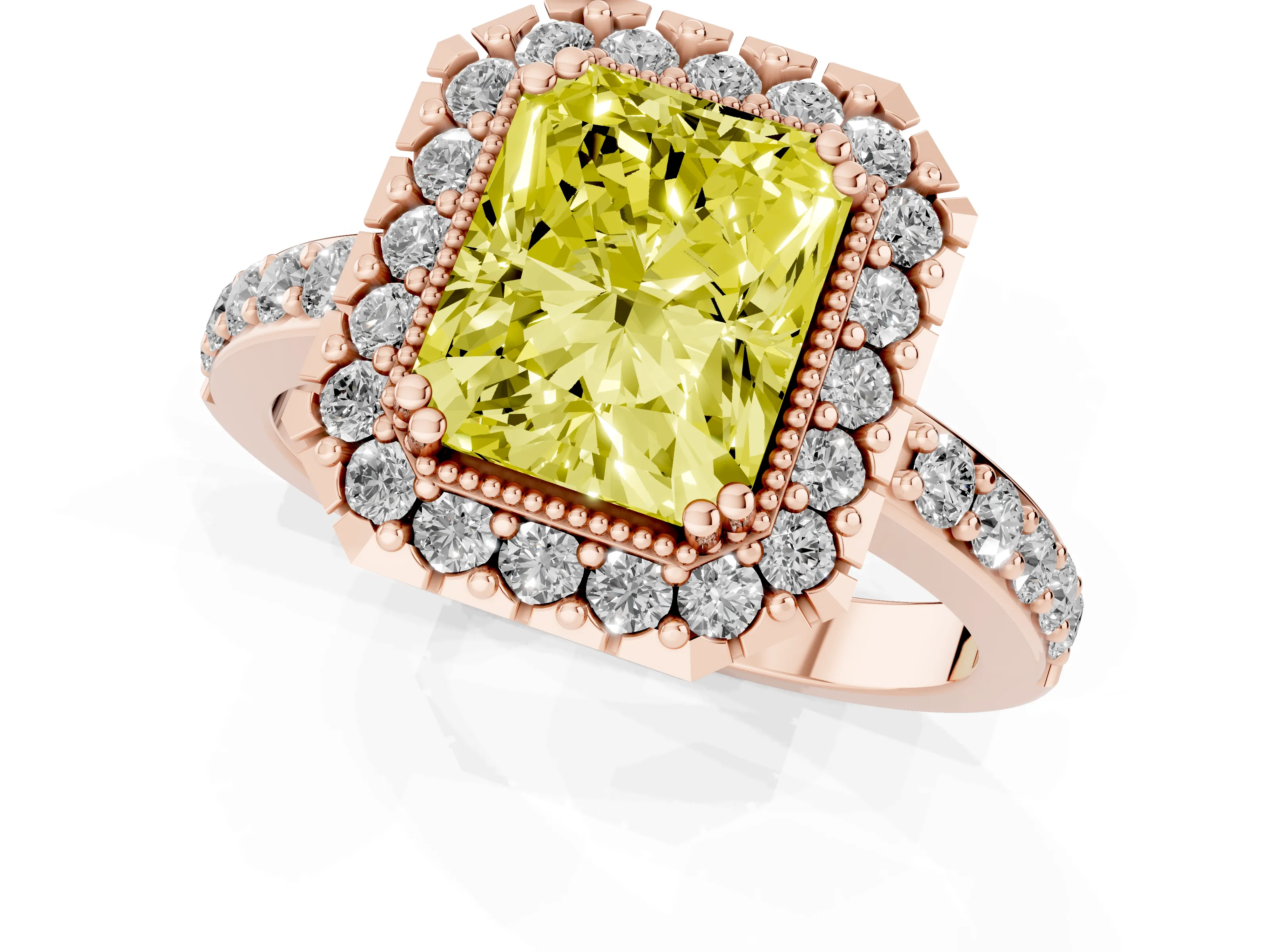 Fancy Yellow Radiant Cut Diamond Halo Ring Set in Rose gold with Pavé Shank and Prong Setting