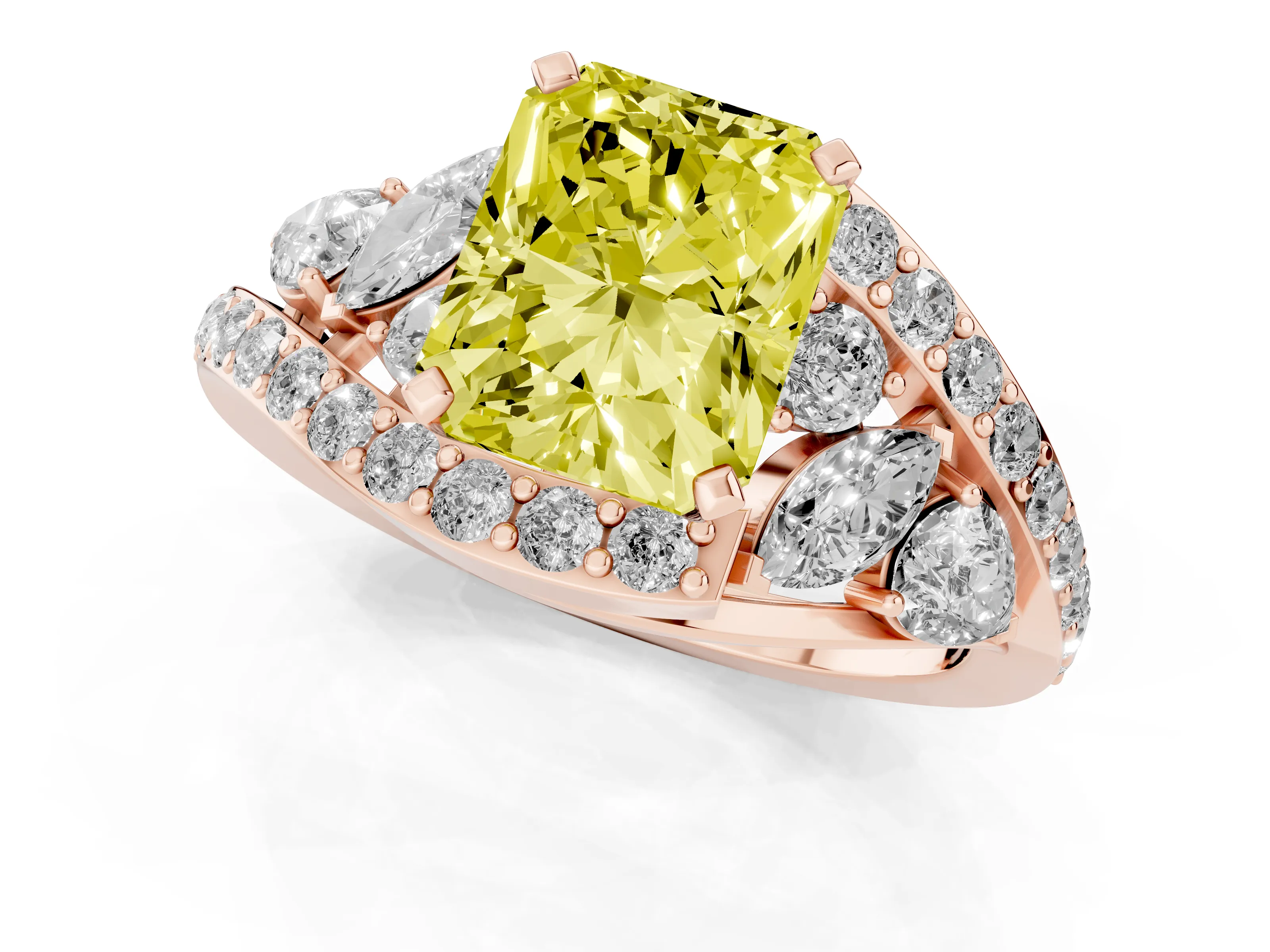 Fancy Yellow Radiant Cut Diamond Halo Ring Set in Rose gold with Marquise and Pavé Band in Prong Setting