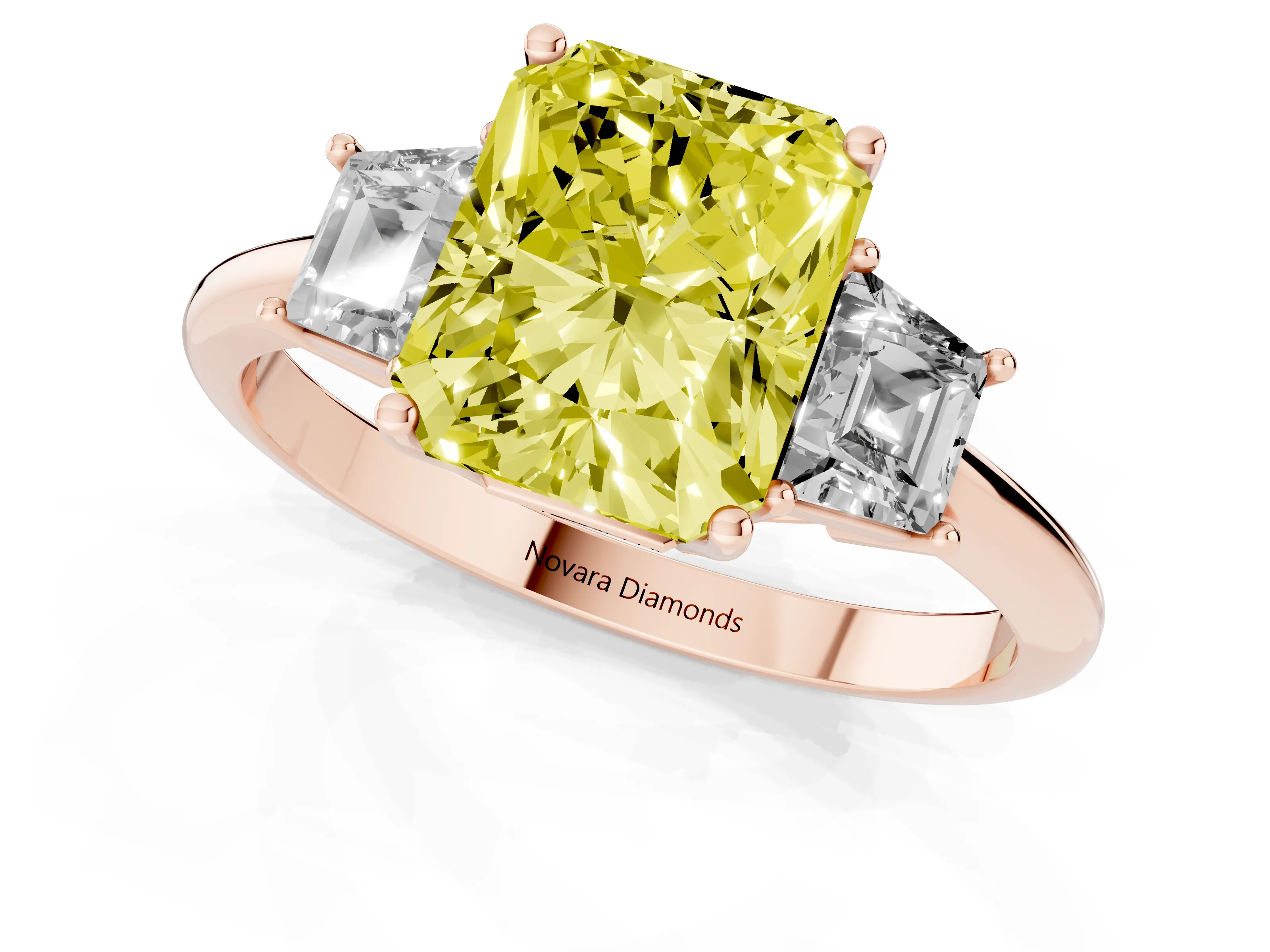 Fancy Yellow Radiant Cut Diamond Three-Stone Ring Set in Rose gold with Trapezoid Side Stones and Prong Setting