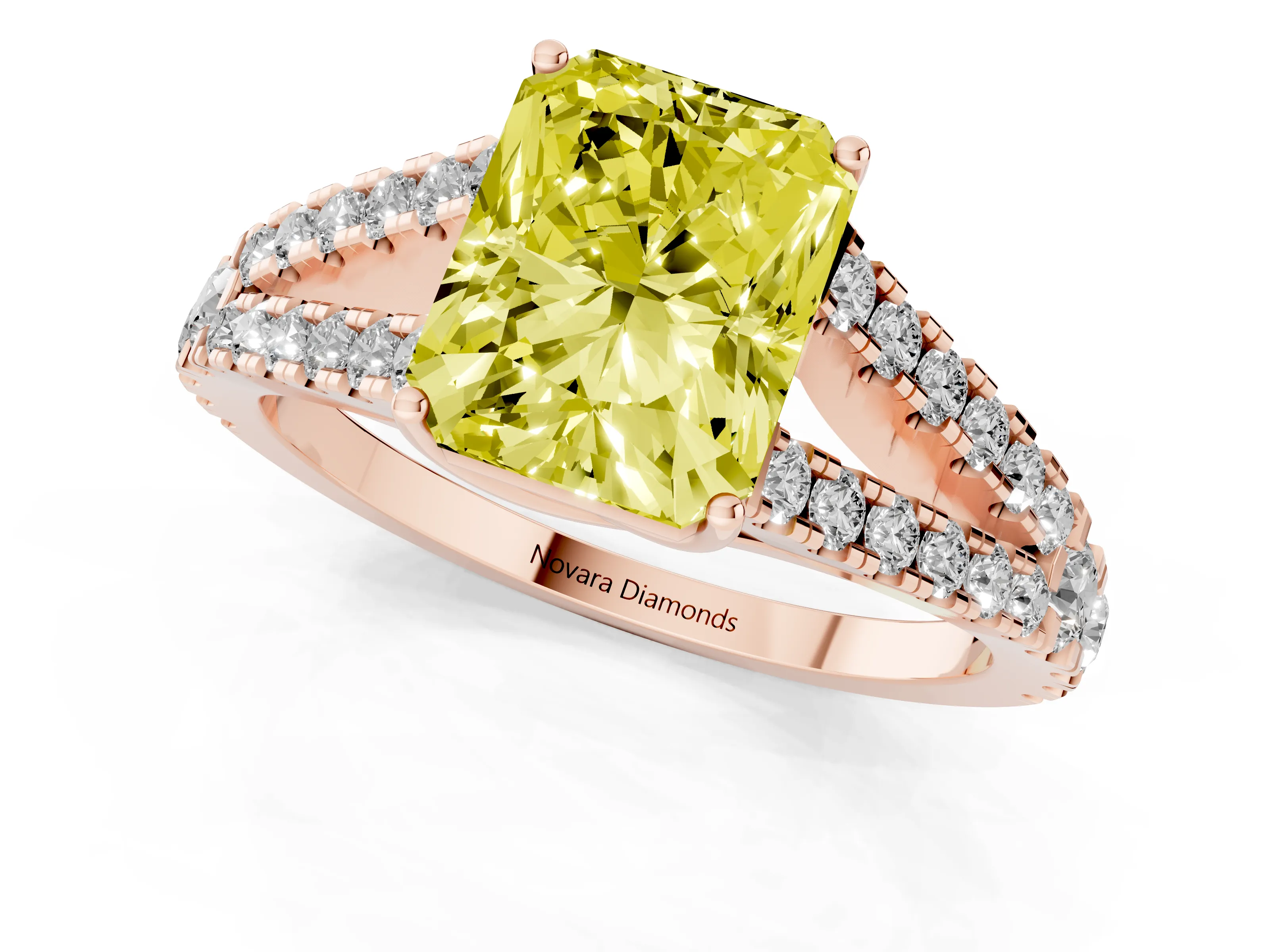Fancy Yellow Radiant Cut Diamond Split Shank Pavé Engagement Ring Set in Rose gold with Prong-Held Center Stone