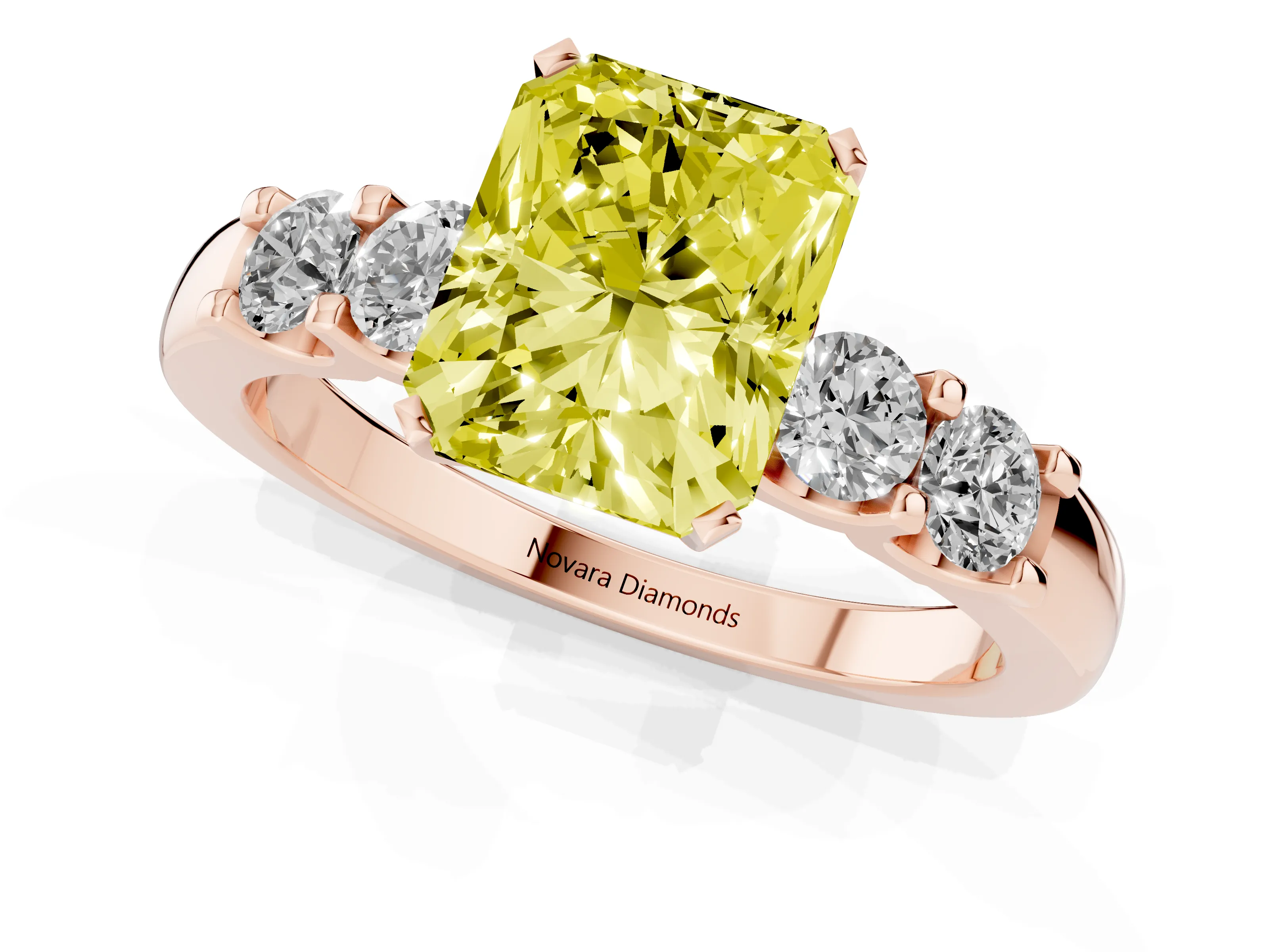 Fancy Yellow Radiant Cut Diamond Five-Stone Prong Set Engagement Ring Set in Rose gold with Channel Band
