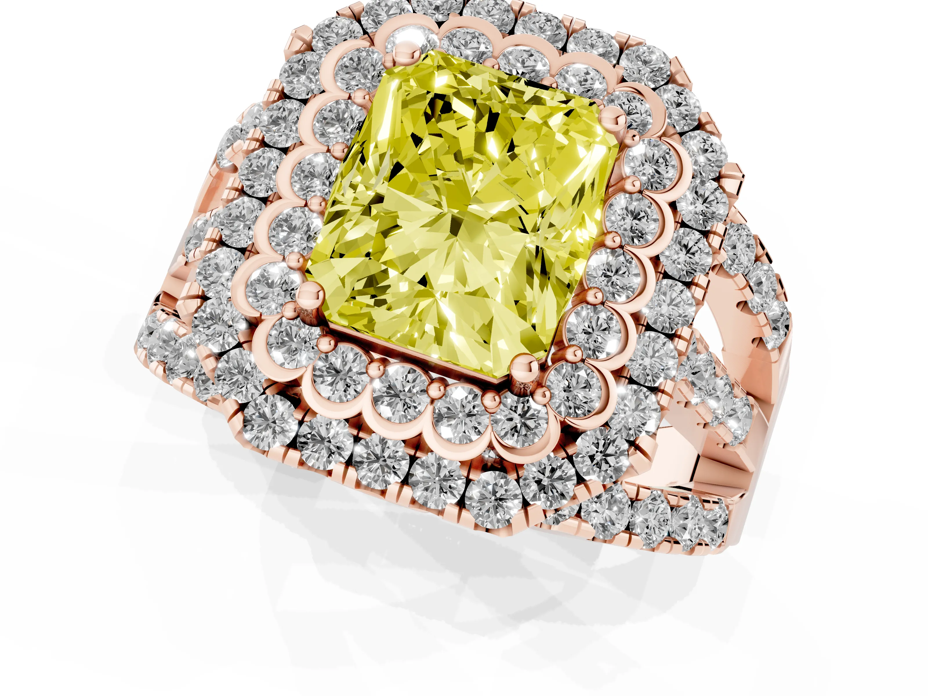 Fancy Yellow Radiant Cut Diamond Double Halo Ring Set in Rose gold with Round Pavé Split Shank