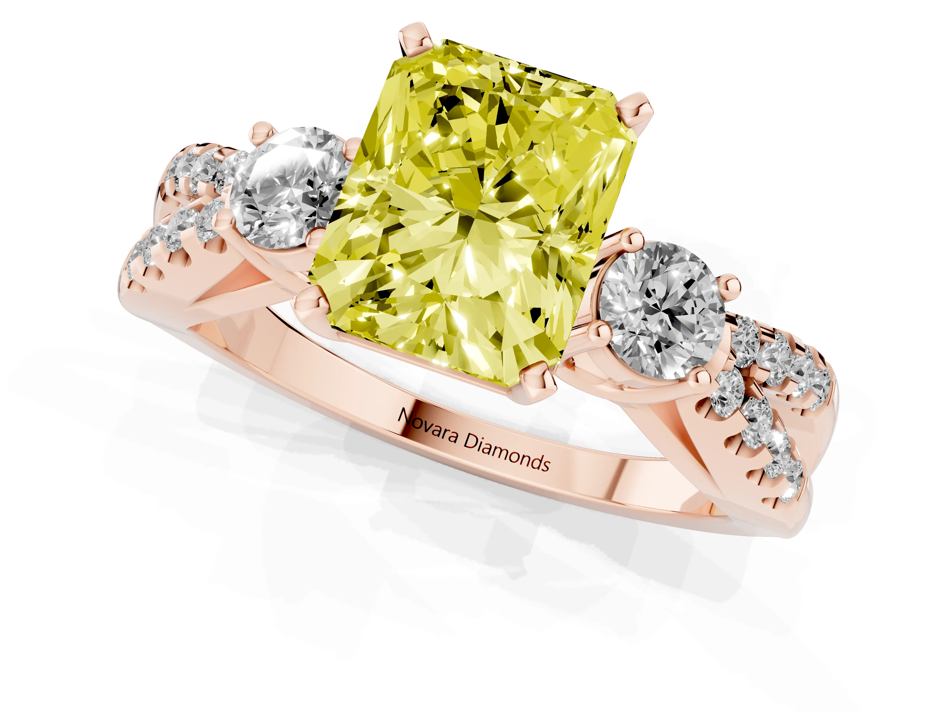 Fancy Yellow Radiant Cut Diamond Three-Stone Ring Set in Rose gold with Pavé Split Shank and Prong Setting