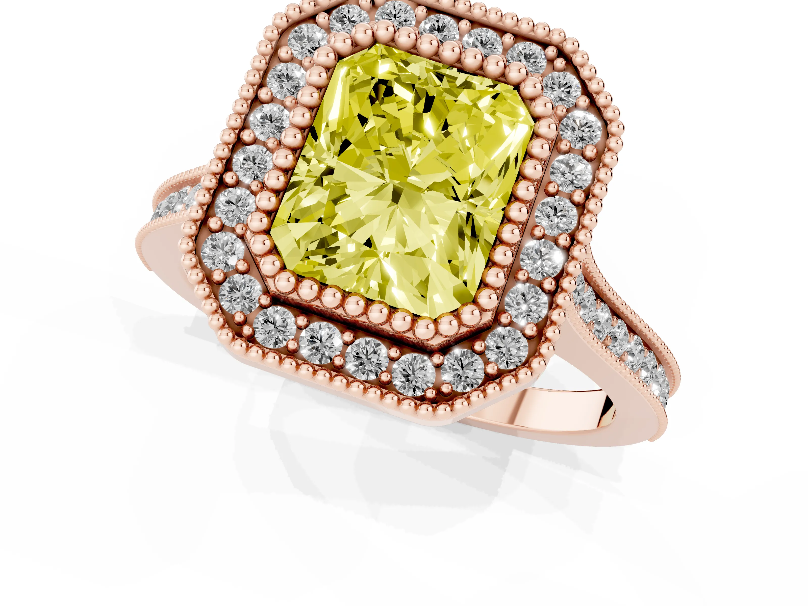 Fancy Yellow Radiant Cut Diamond Halo Ring Set in Rose gold with Milgrain Frame and Pavé Band