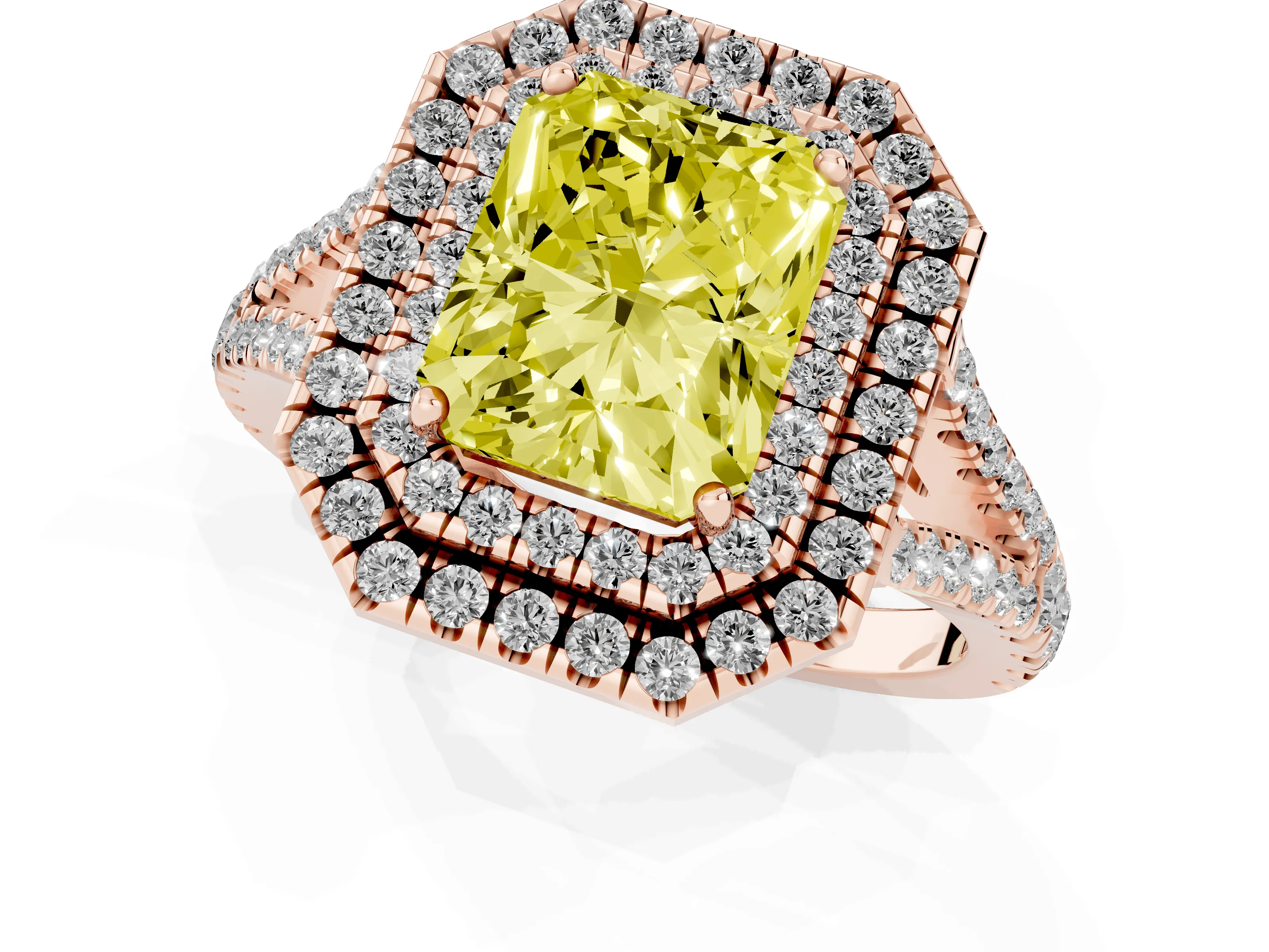 Fancy Yellow Radiant Cut Diamond Double Halo Ring Set in Rose gold with Pavé Band