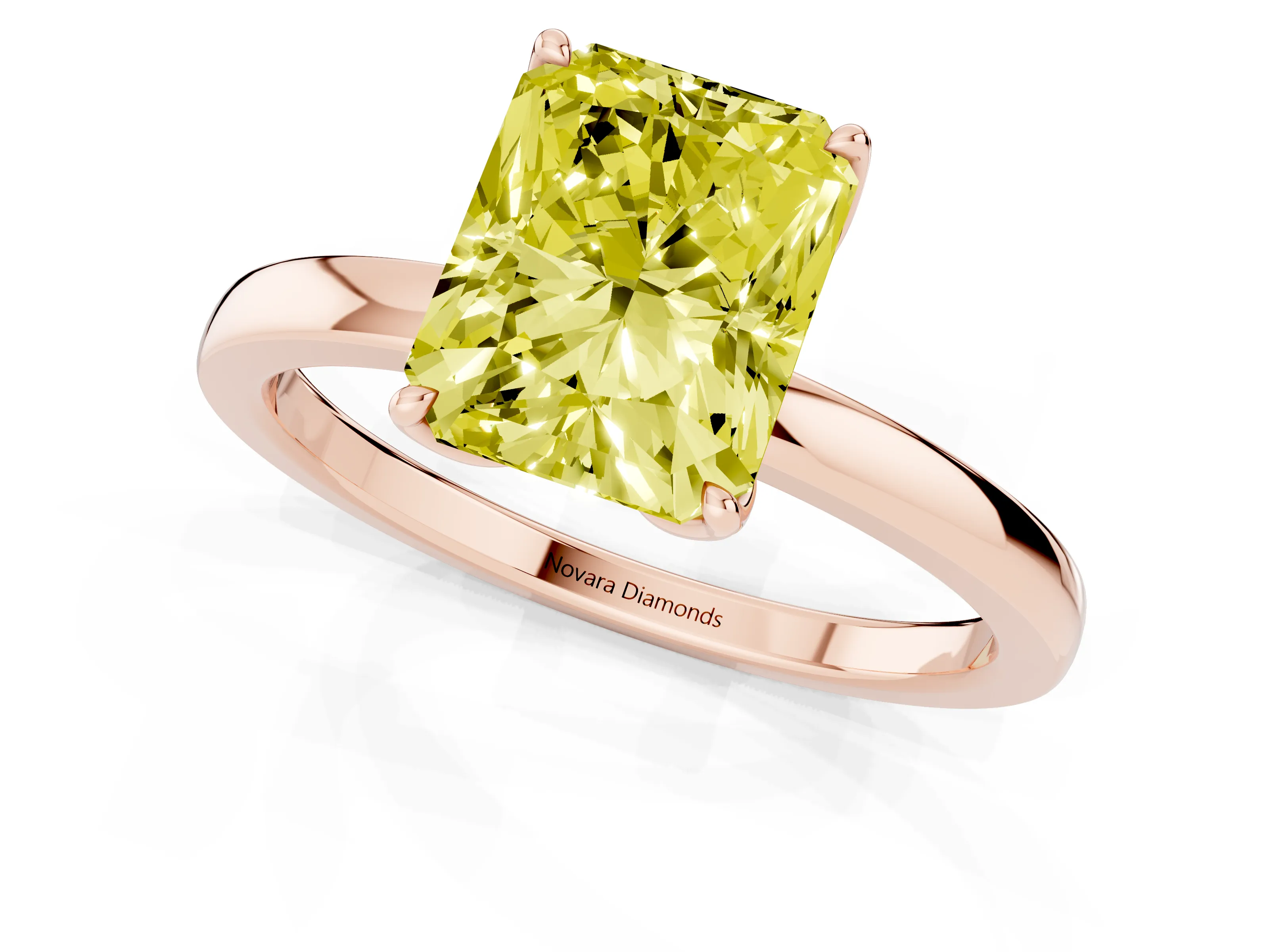 Fancy Yellow Radiant Cut Diamond Solitaire Ring Set in Rose gold with Prong Setting and Thin Polished Band