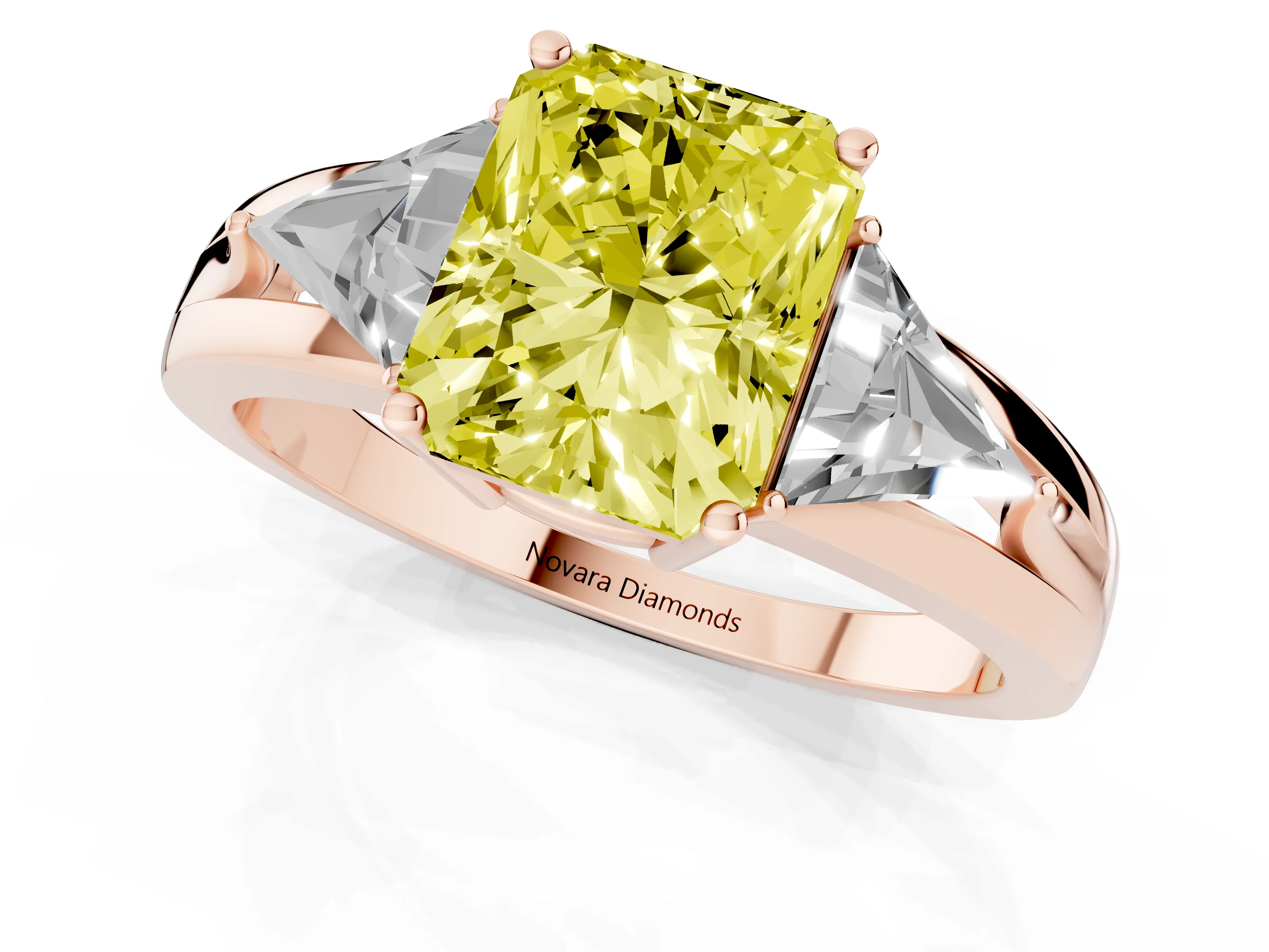 Fancy Yellow Radiant Cut Diamond Three-Stone Ring Set in Rose gold with Trillion Side Stones and Split Shank