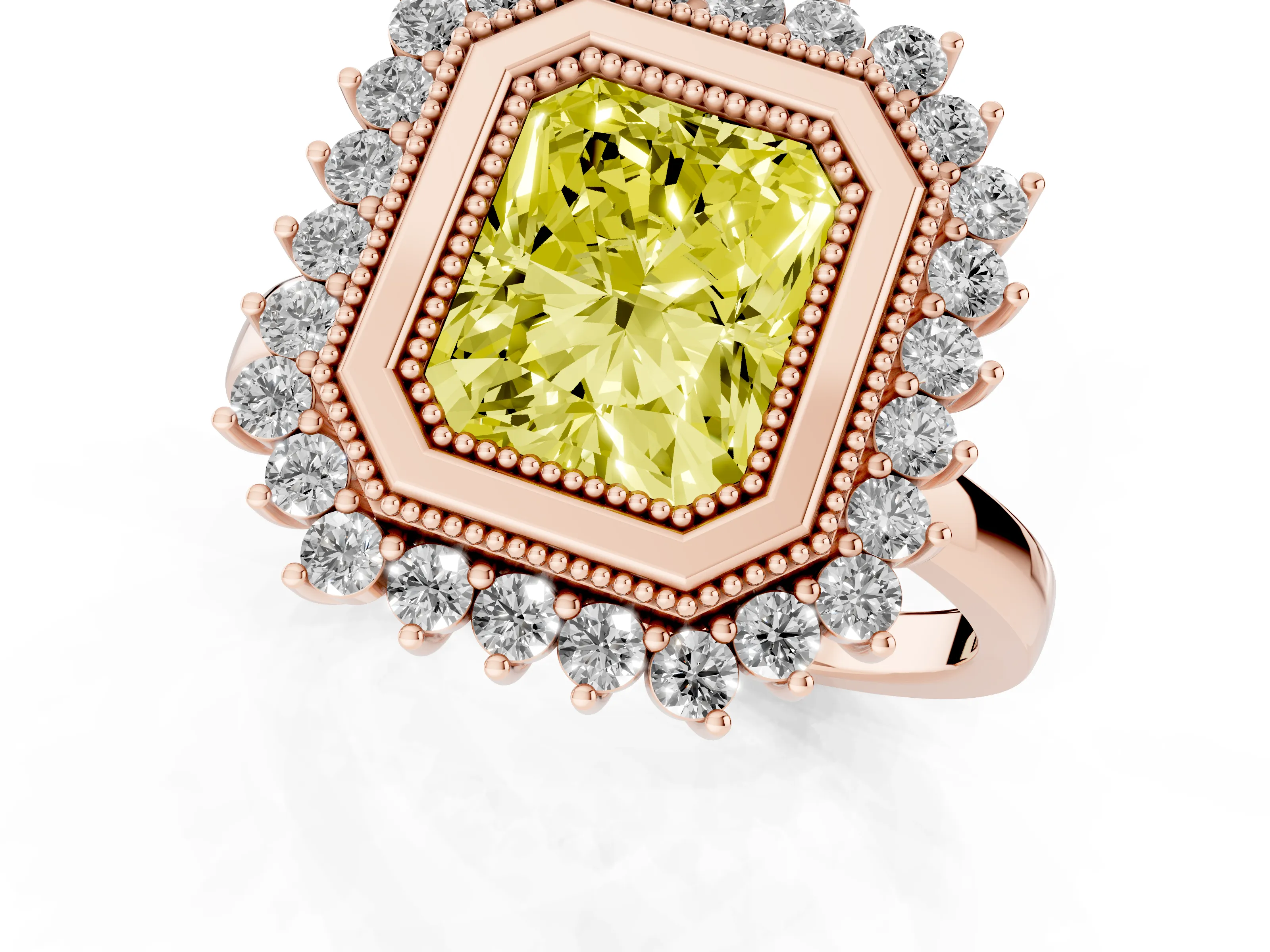 Fancy Yellow Radiant Cut Diamond Halo Ring Set in Rose gold with Milgrain Edge and Round Prong Setting