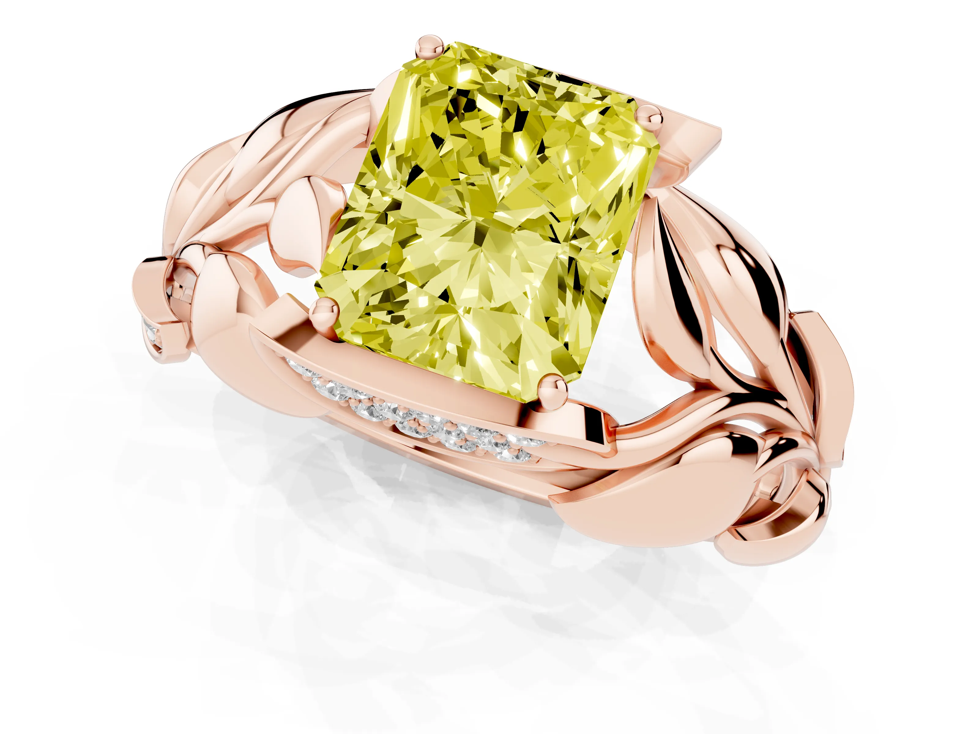 Fancy Yellow Radiant Cut Diamond Leaf-Inspired Engagement Ring Set in Rose gold with Round Accents
