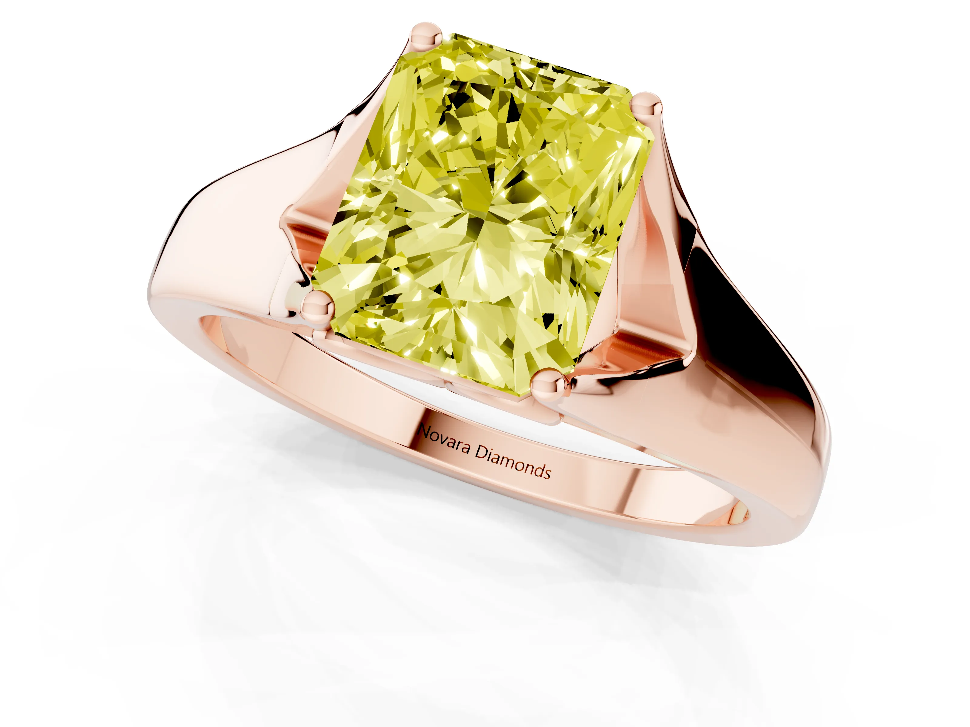 Fancy Yellow Radiant Cut Diamond Solitaire Ring Set in Rose gold with Arched Cathedral Band and Prong Setting
