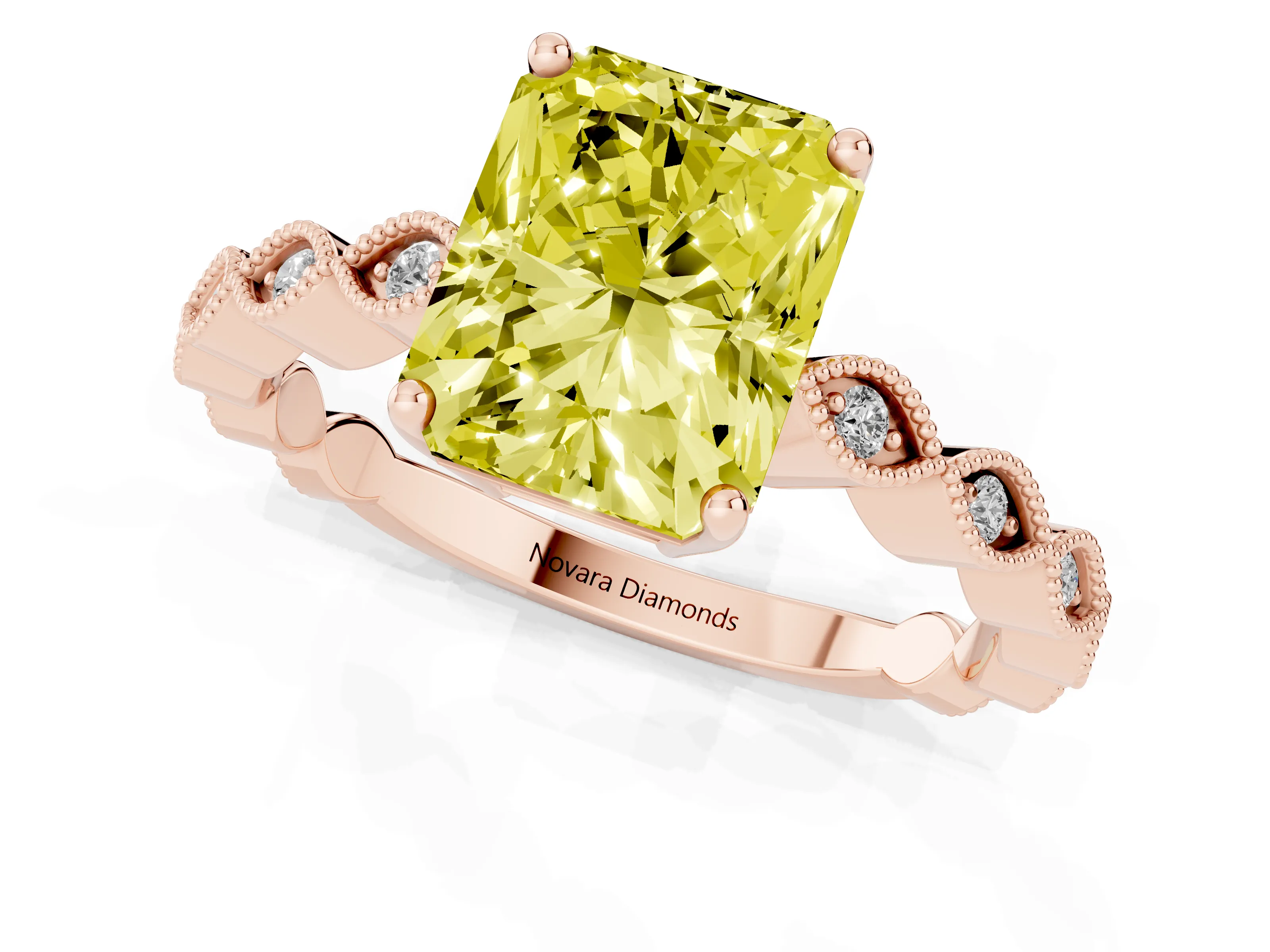 Fancy Yellow Radiant Cut Diamond Solitaire Ring Set in Rose gold with Infinity Twist Pavé Band