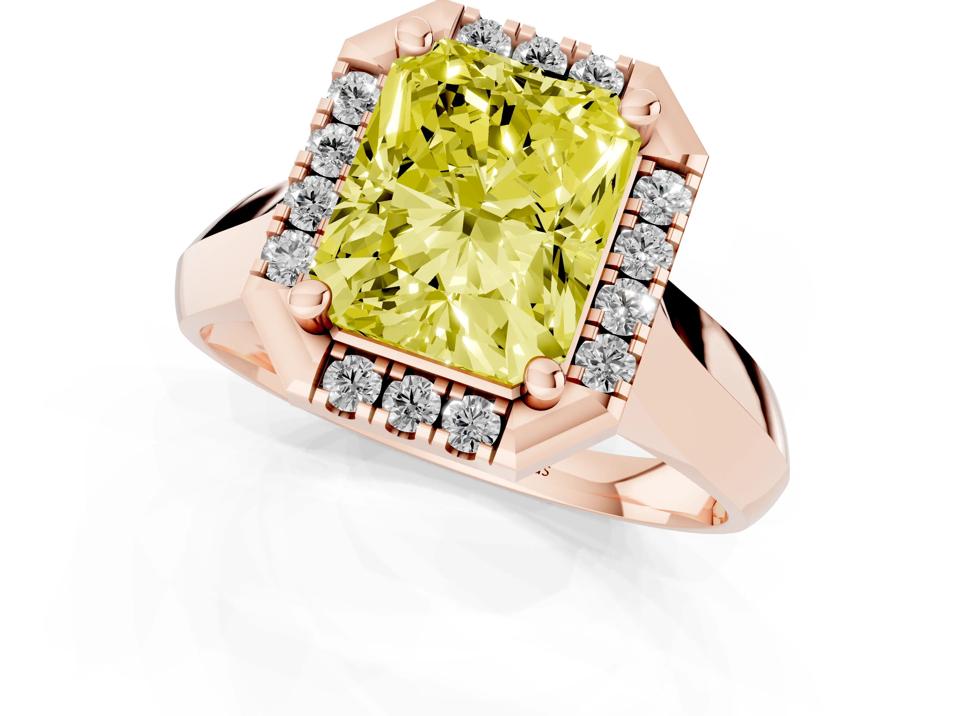 Fancy Yellow Radiant Cut Diamond Halo Solitaire Engagement Ring Set in Rose gold with Square Band and Prong Setting